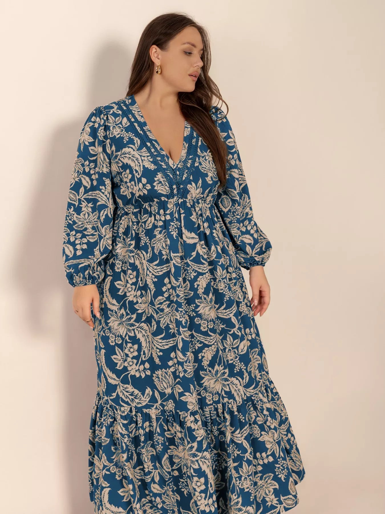 Plus Size Boho Floral Print Long Sleeve Maxi Dress
