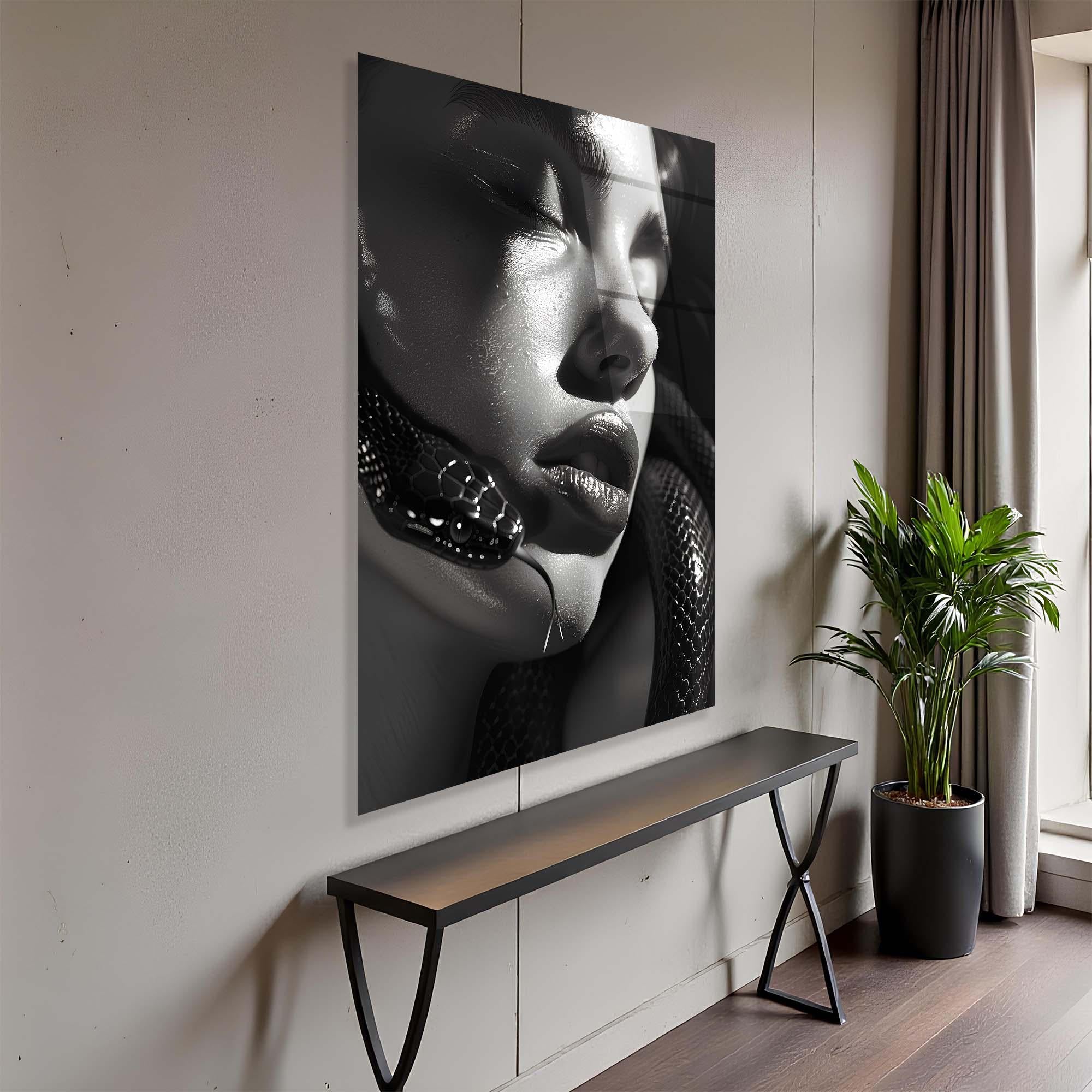 Surreal Woman and Snake Tempered Glass Art | Dark Art Wall Decor