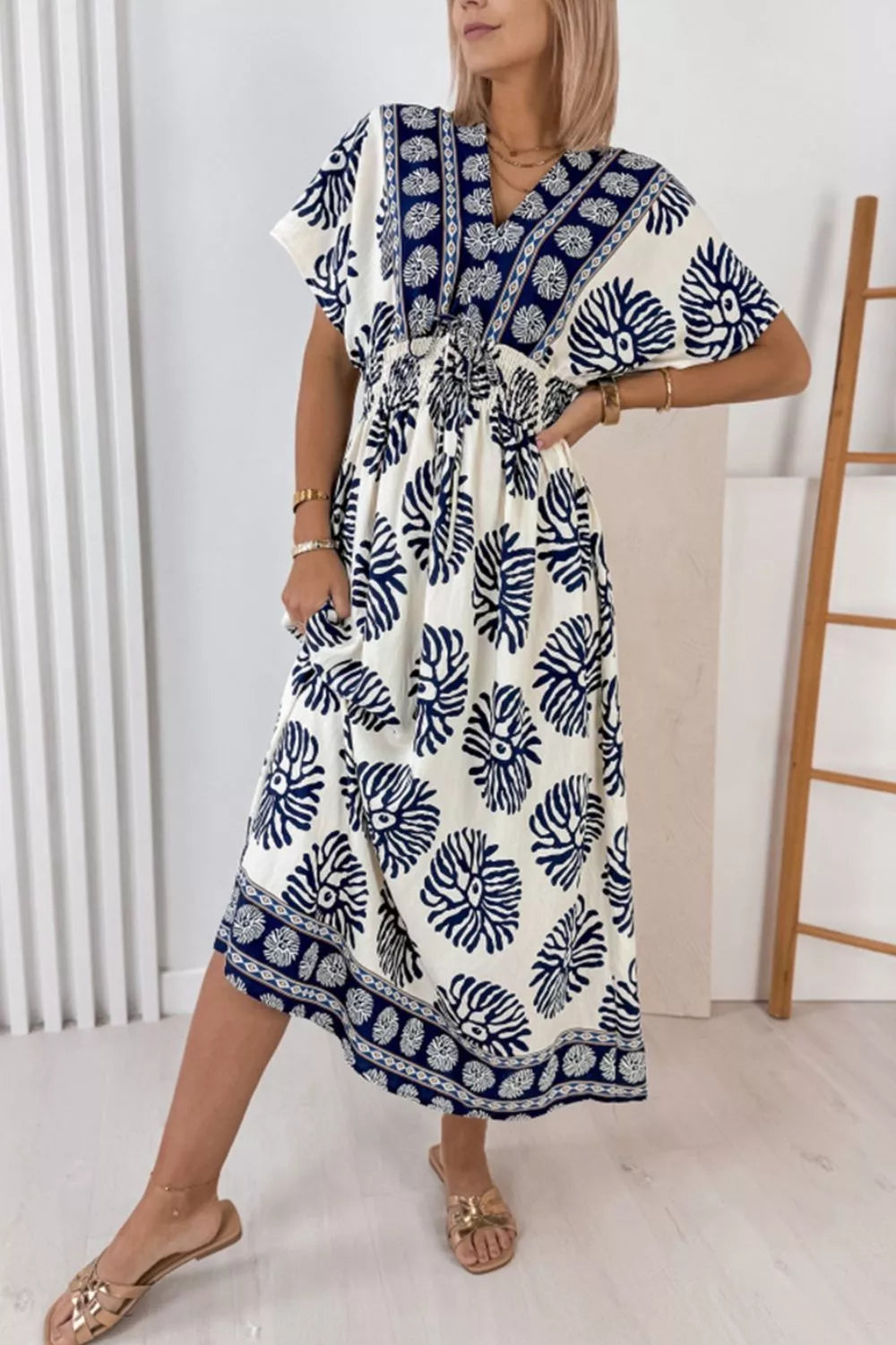 Floral Print Contrast Patchwork V Neck Dolman Dress