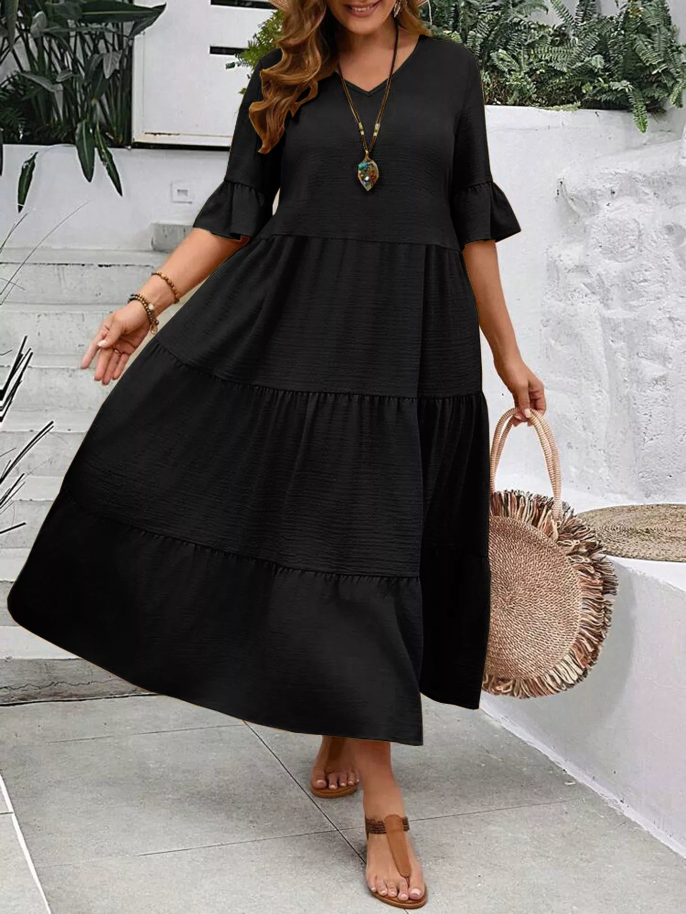 Plus Size Ruffle Sleeves Tiered Midi Dress