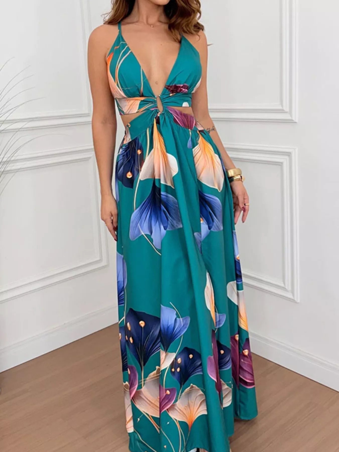 Tropical Print Plunge Cutout Slit Maxi Dress