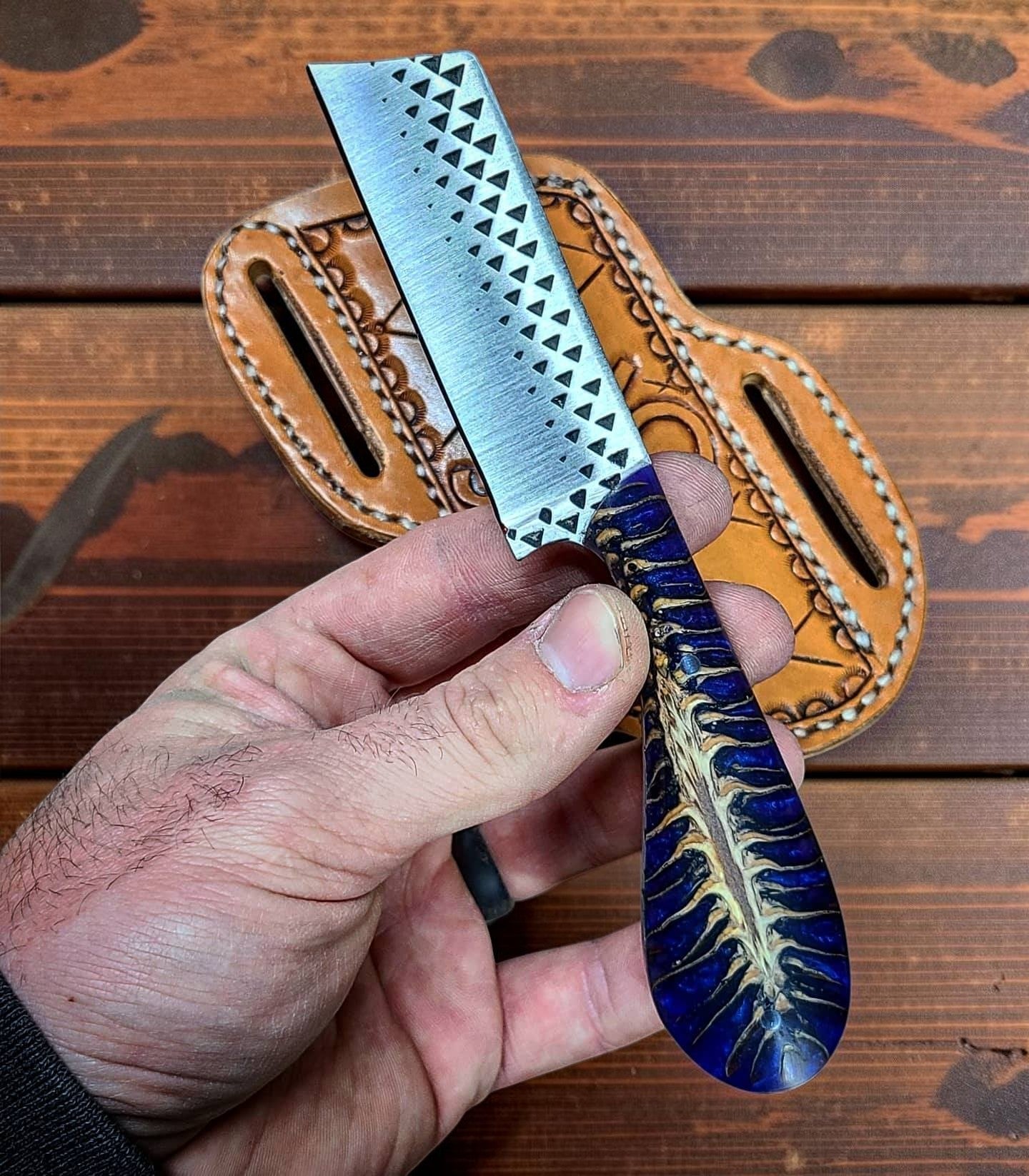 The Ponderosa – Custom Handmade Rasp Steel Bull Cutter Knife with Blue Epoxy Pine Cone Resin Handle & Leather Sheath