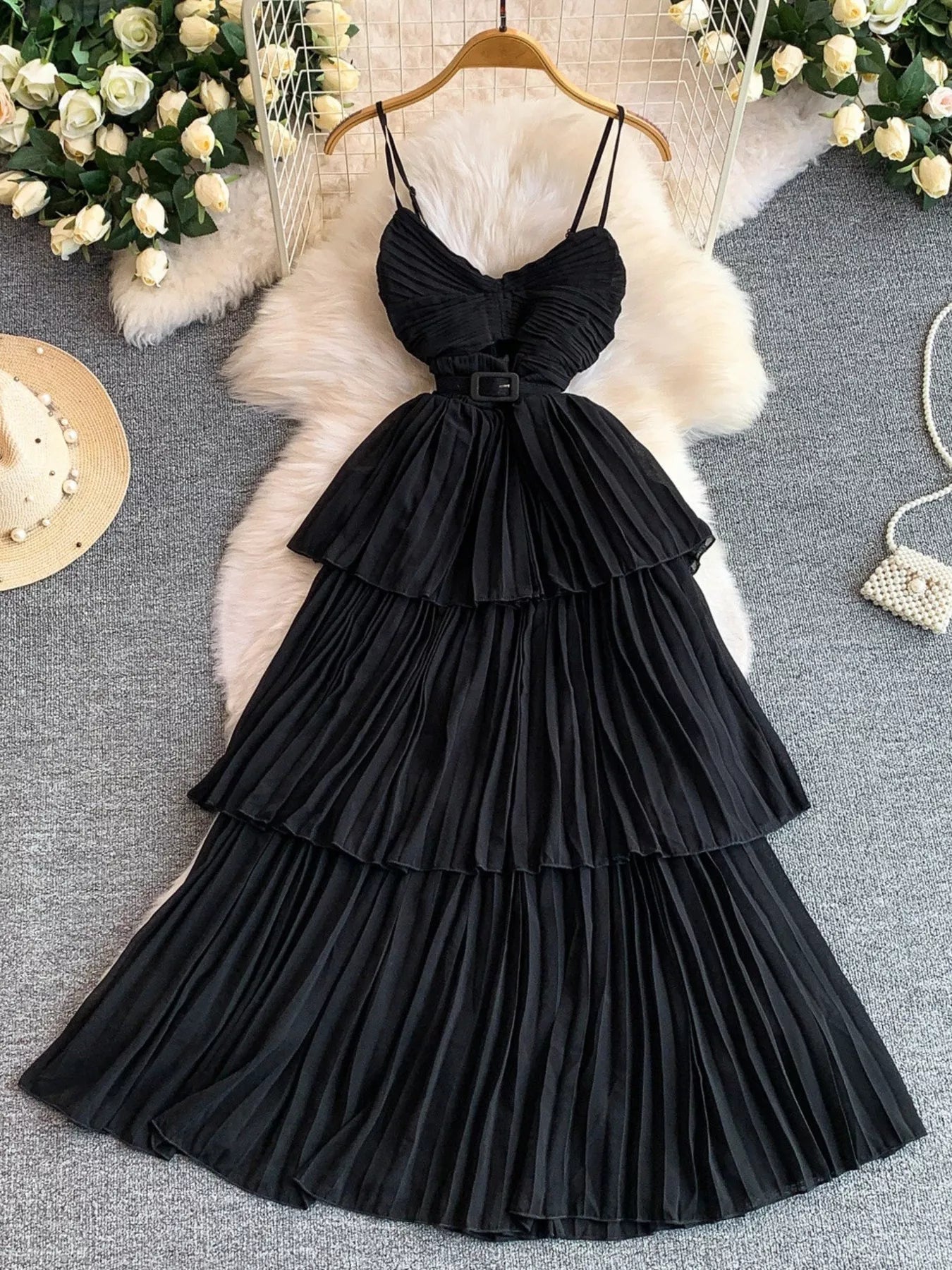 Pleated Layered Spaghetti Strap Midi Dress