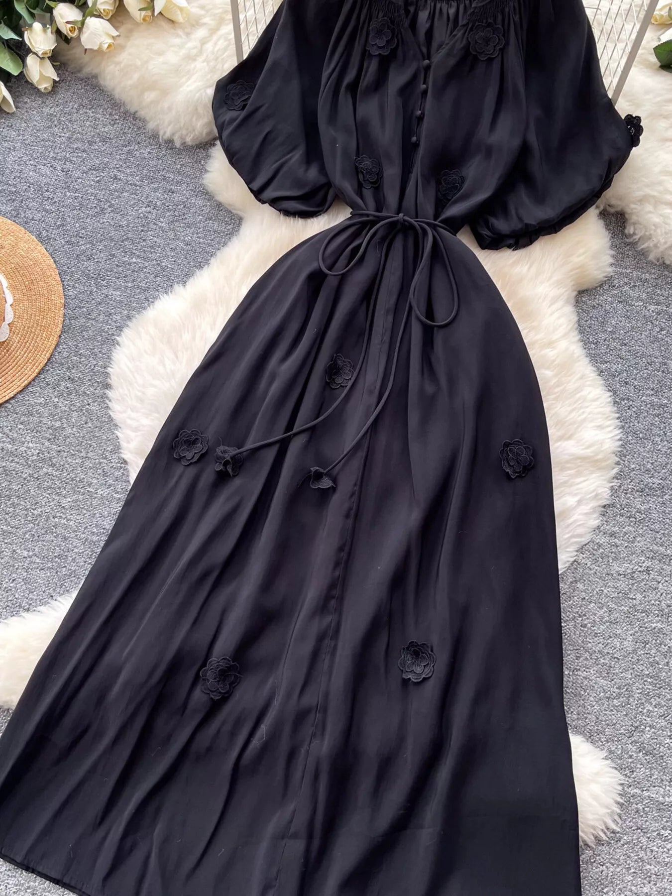 Floral Decor Tie Waist Puff Sleeve Dress