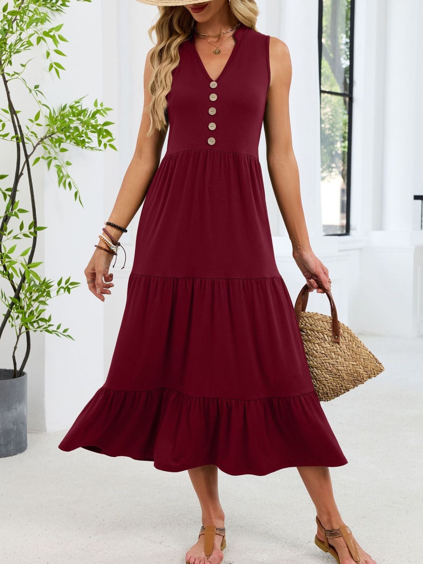 Sleeveless Notched Tiered Midi Dress