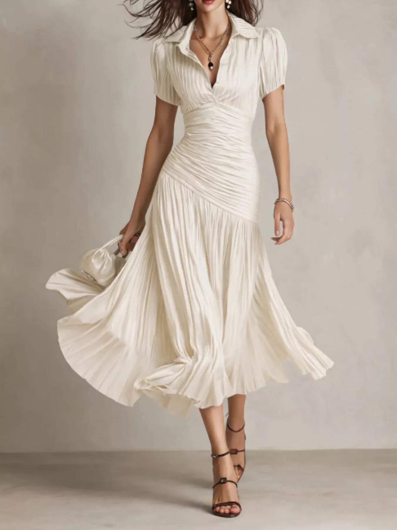 Ruched Pleated Short Sleeve Midi Dress