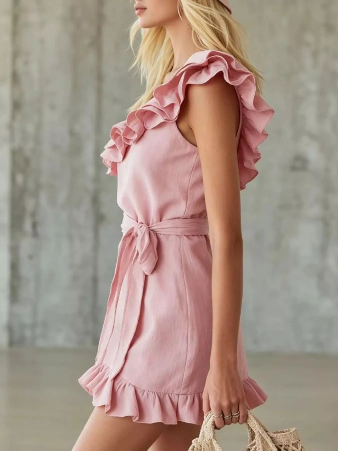 One-Shoulder Ruffle Trim Wrap Dress