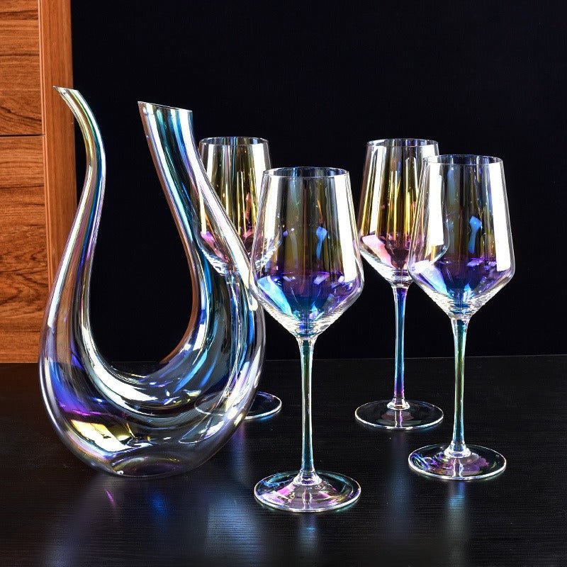 1500ml 50oz Hotel Home Elegant Hand Blown Clear Crystal U Shape Wine Decanter Set with 4 glasses For Vodka Tequila - Overture Gifts