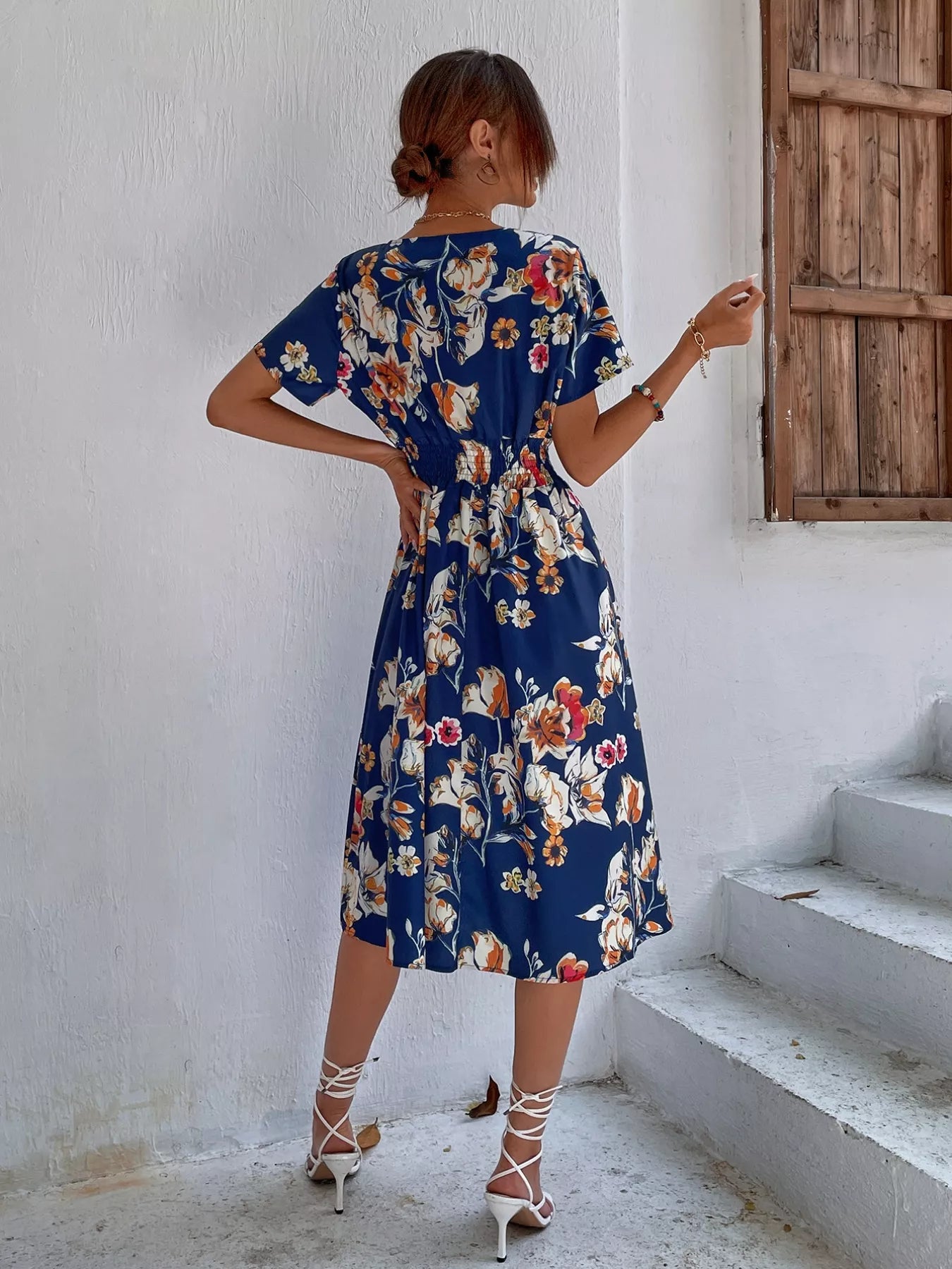 Printed Short Sleeve Midi Dress