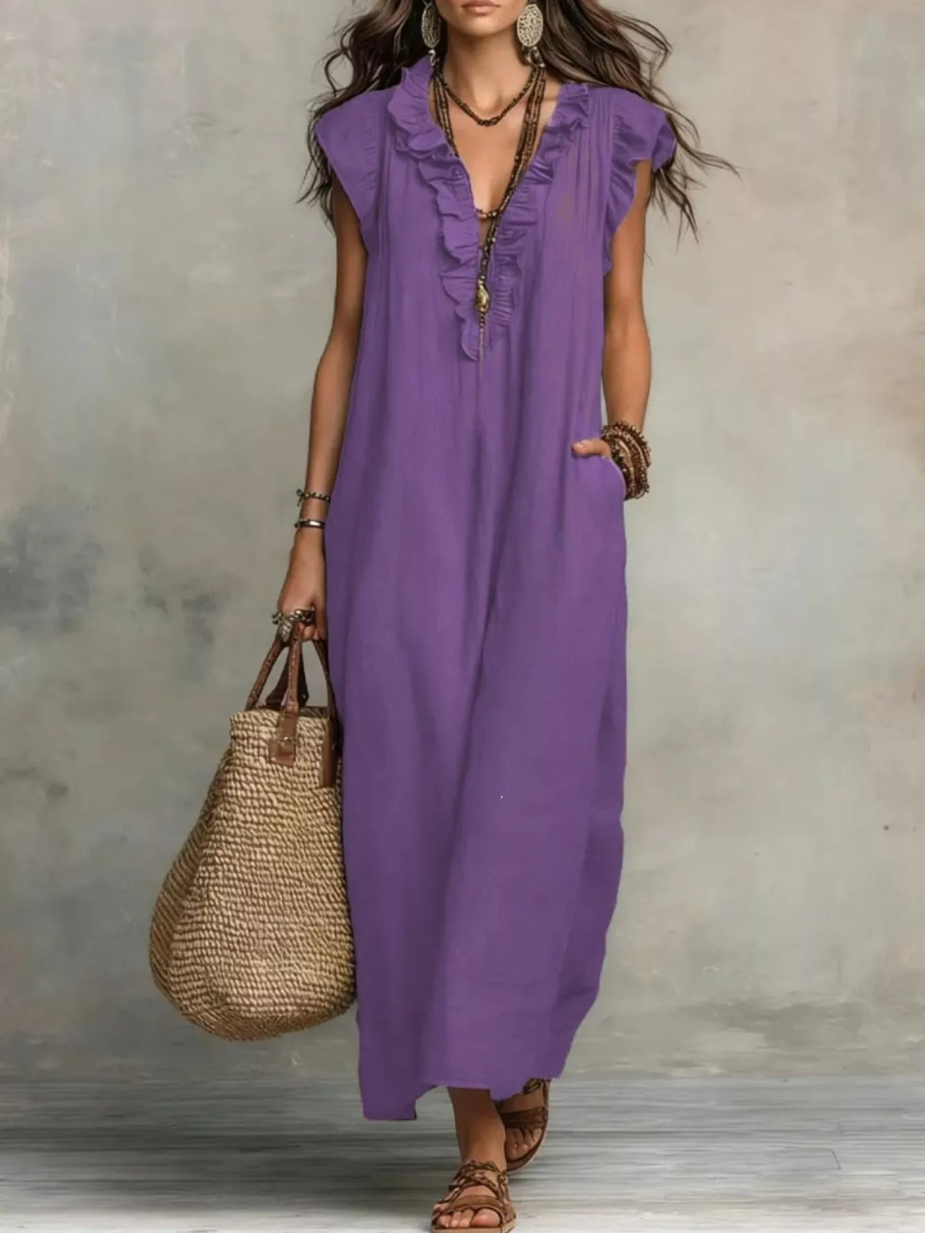 Ruffled V-Neck Maxi Dress