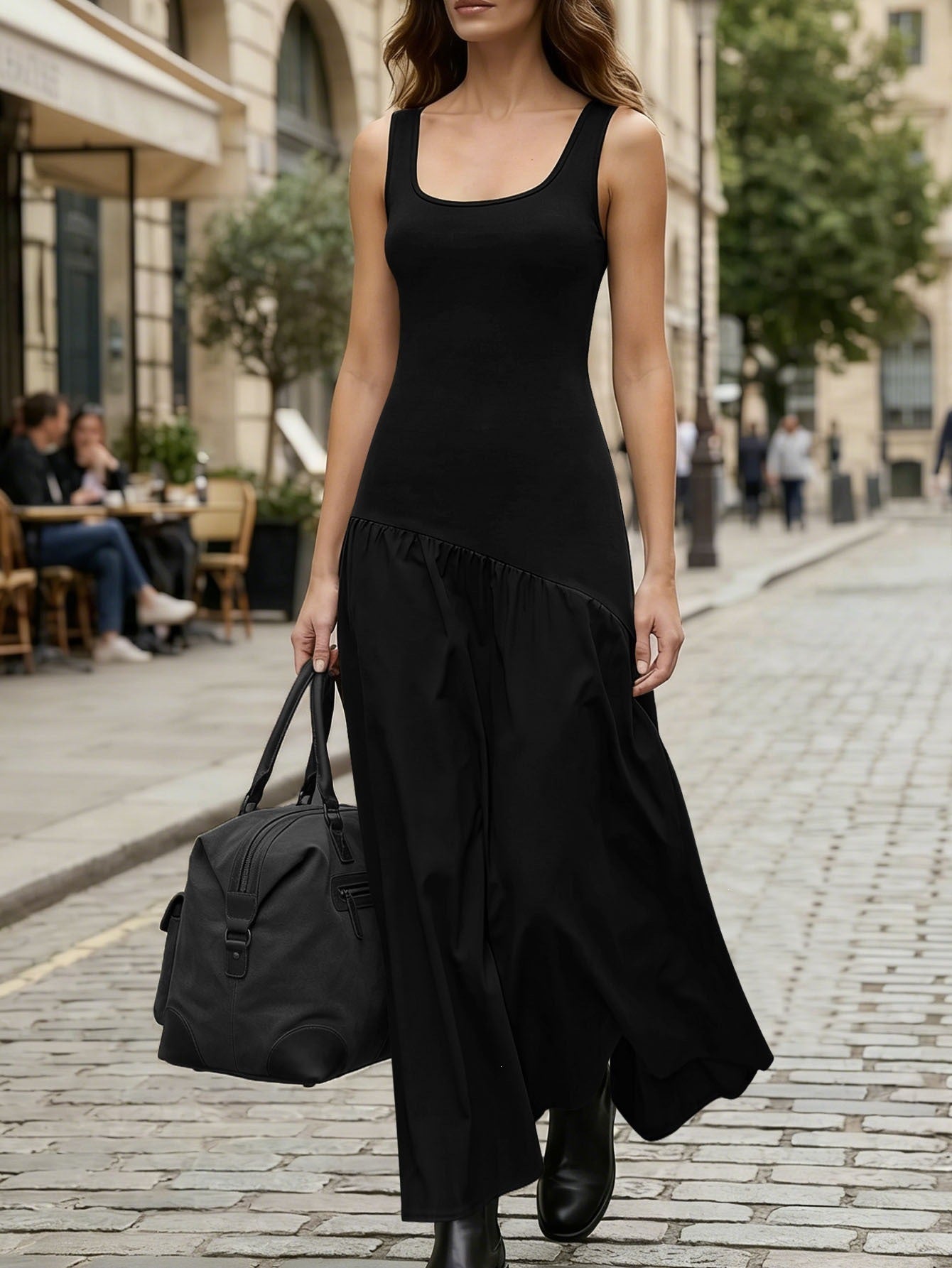 Summer U Neck Sleeveless Vest Dress Elegant Graceful Asymmetric Slim Fit Patchwork Maxi Dress