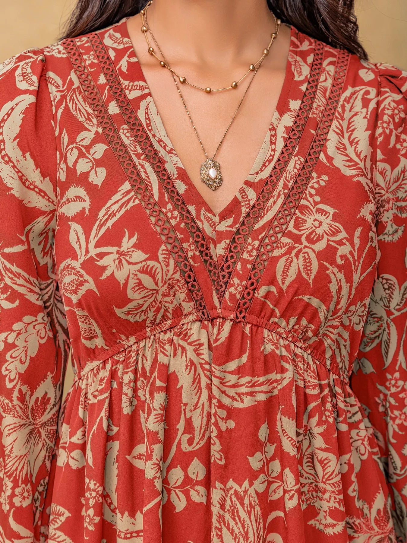 Boho Floral Print Long Sleeve Midi Dress