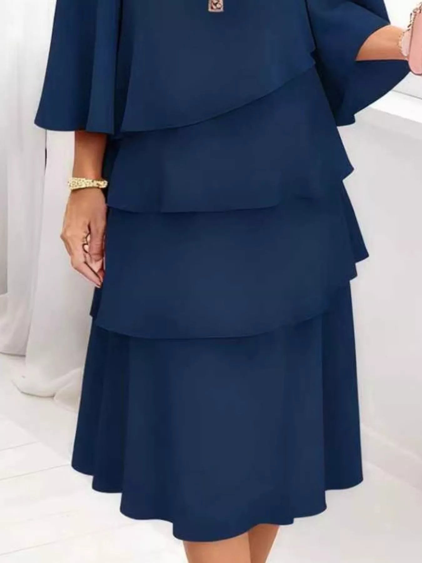 Full Size Ruffled Layered 3/4 Sleeve Dress Plus Size