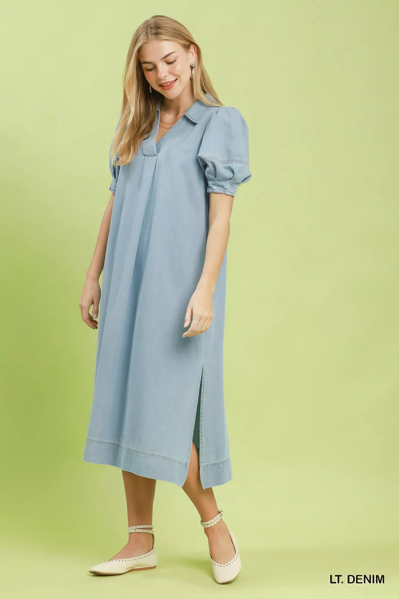 Umgee Chambray Collared Puff Sleeve Dress