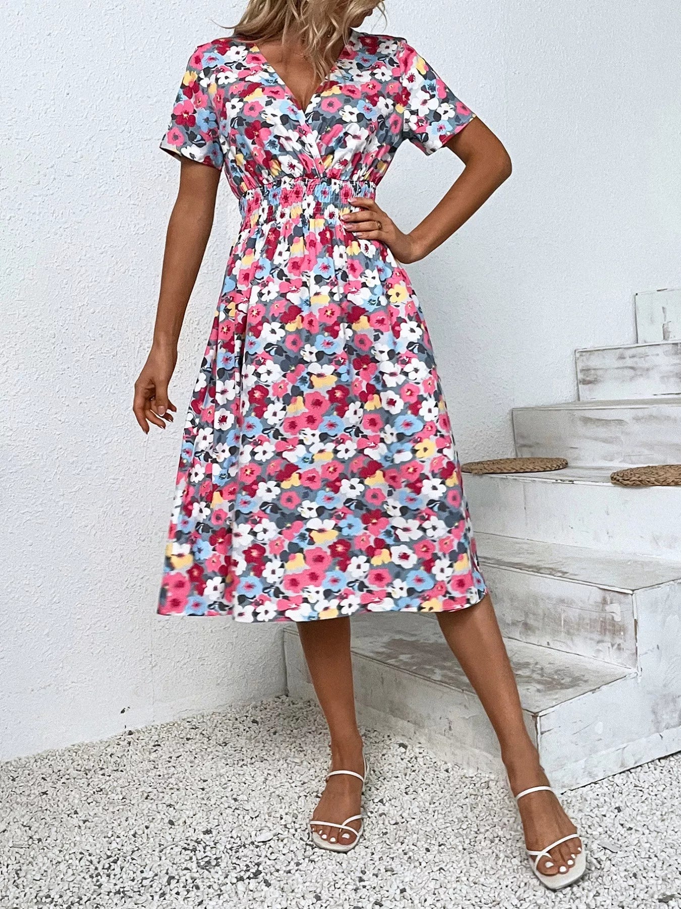Printed Short Sleeve Midi Dress