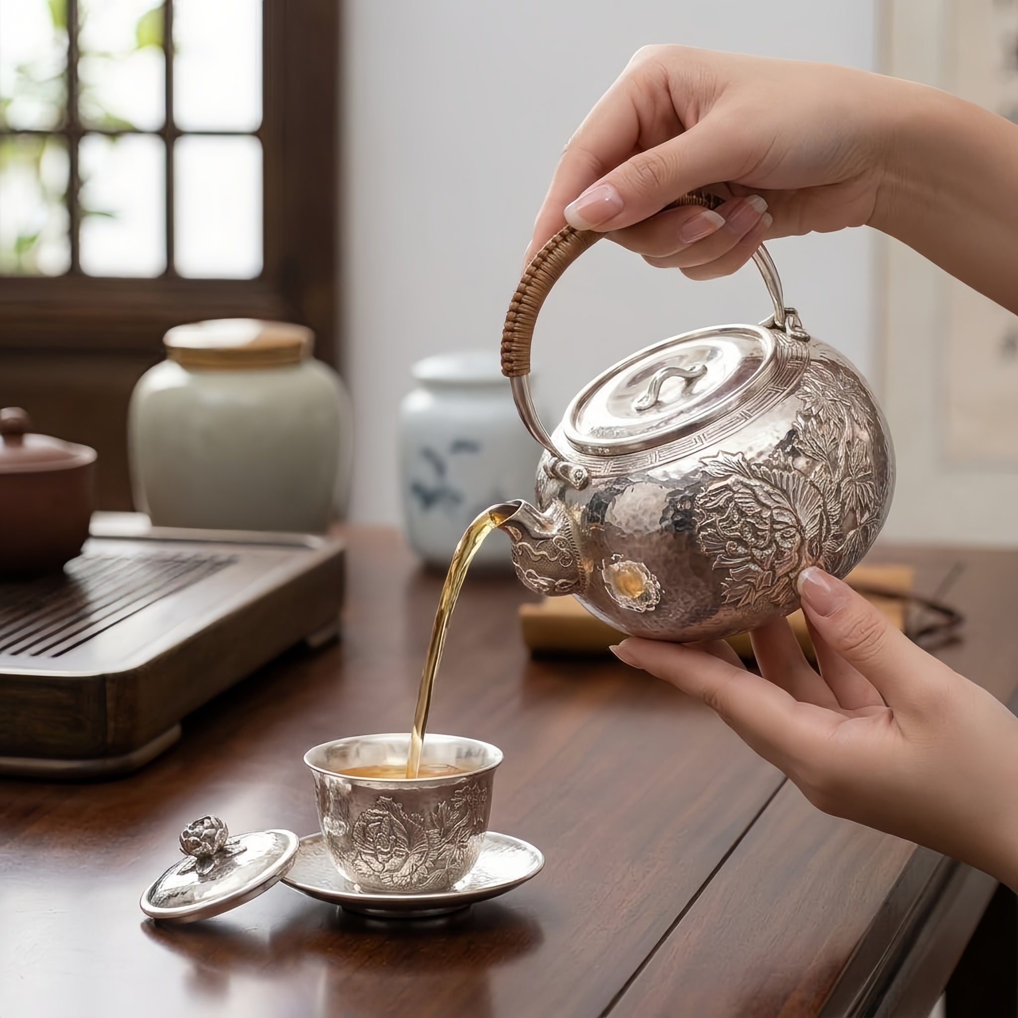 925 Sterling Silver Handcrafted Sterling Silver Floral Teapot with Woven Bamboo Handle and Hammered Texture - Handicraft
