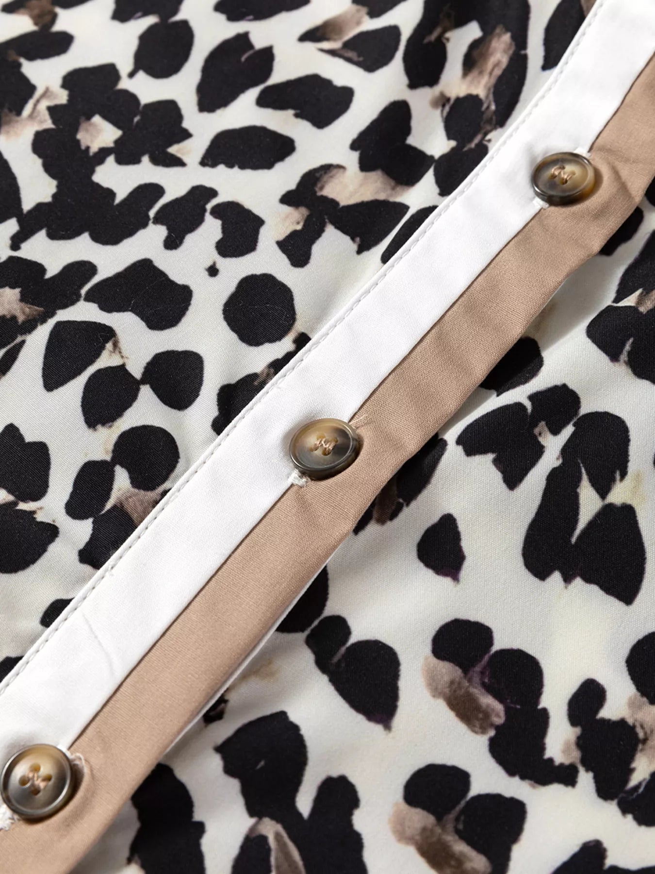 Striped Collar Leopard Print Long Sleeve Flared Dress