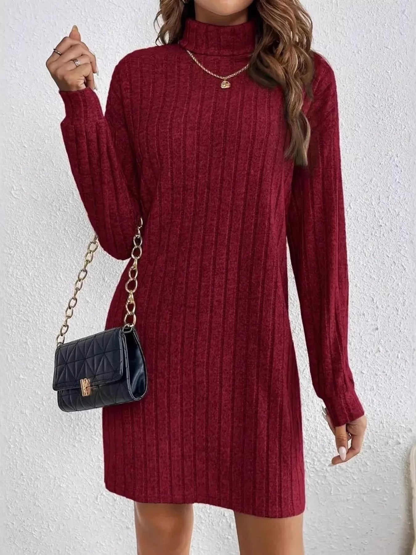 Ribbed Knit Turtleneck Mini Dress