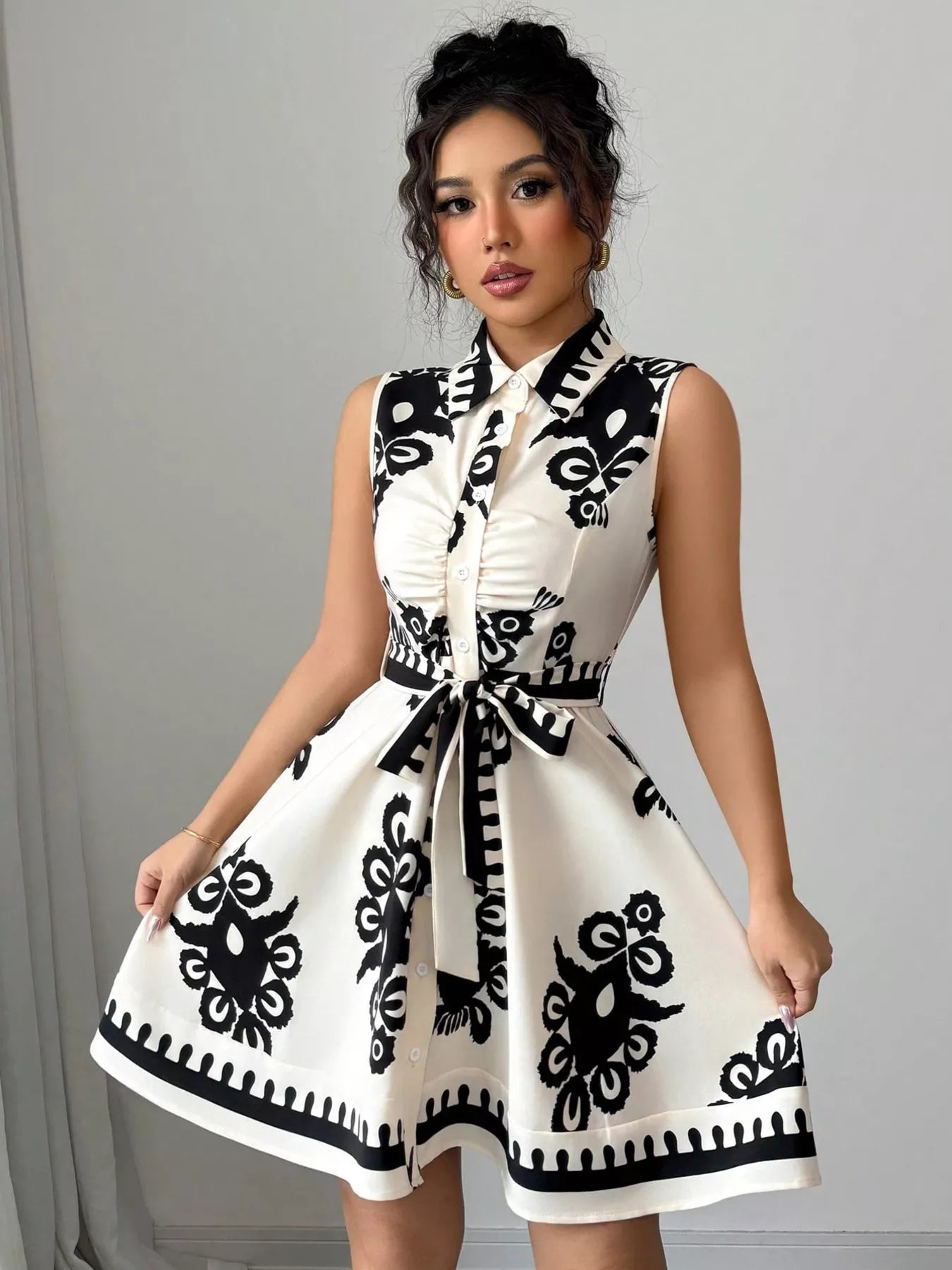 Sleeveless Ruched Printed Tie Waist Dress