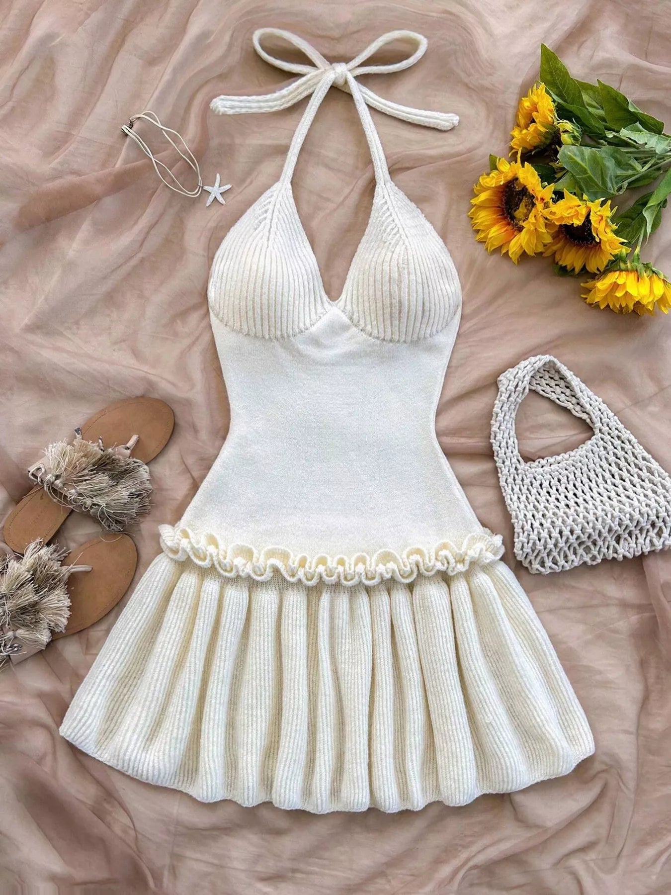 Halter Neck Ruffle Hem Knit Sweater Dress