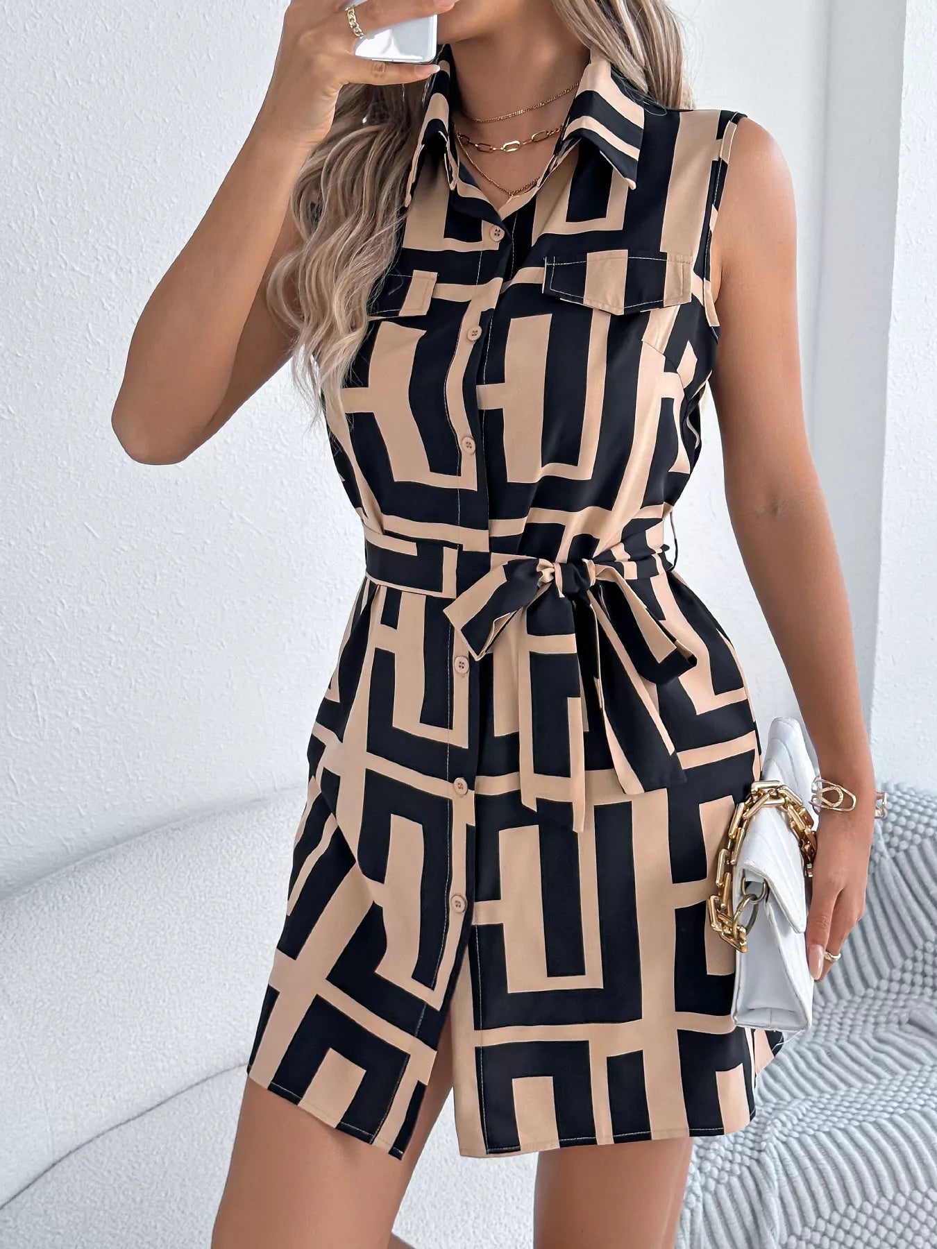 Geometric Print Sleeveless Shirt Dress