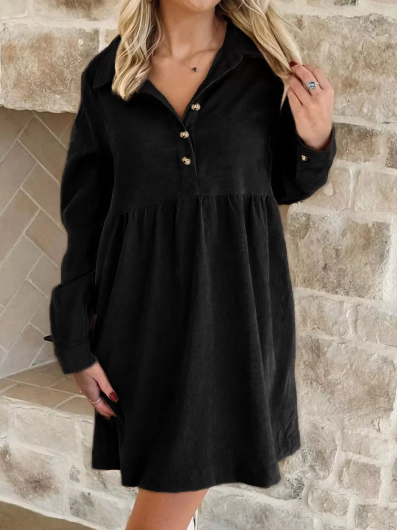 Casual Corduroy Button Detail Mini Dress