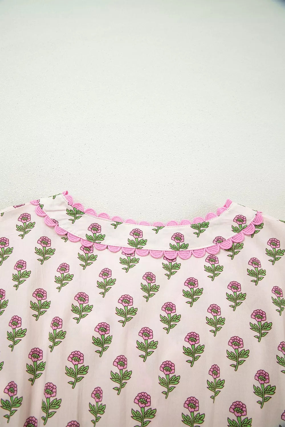 Floral Print V Neck Scallop Trim Button Front Short Sleeve Dress
