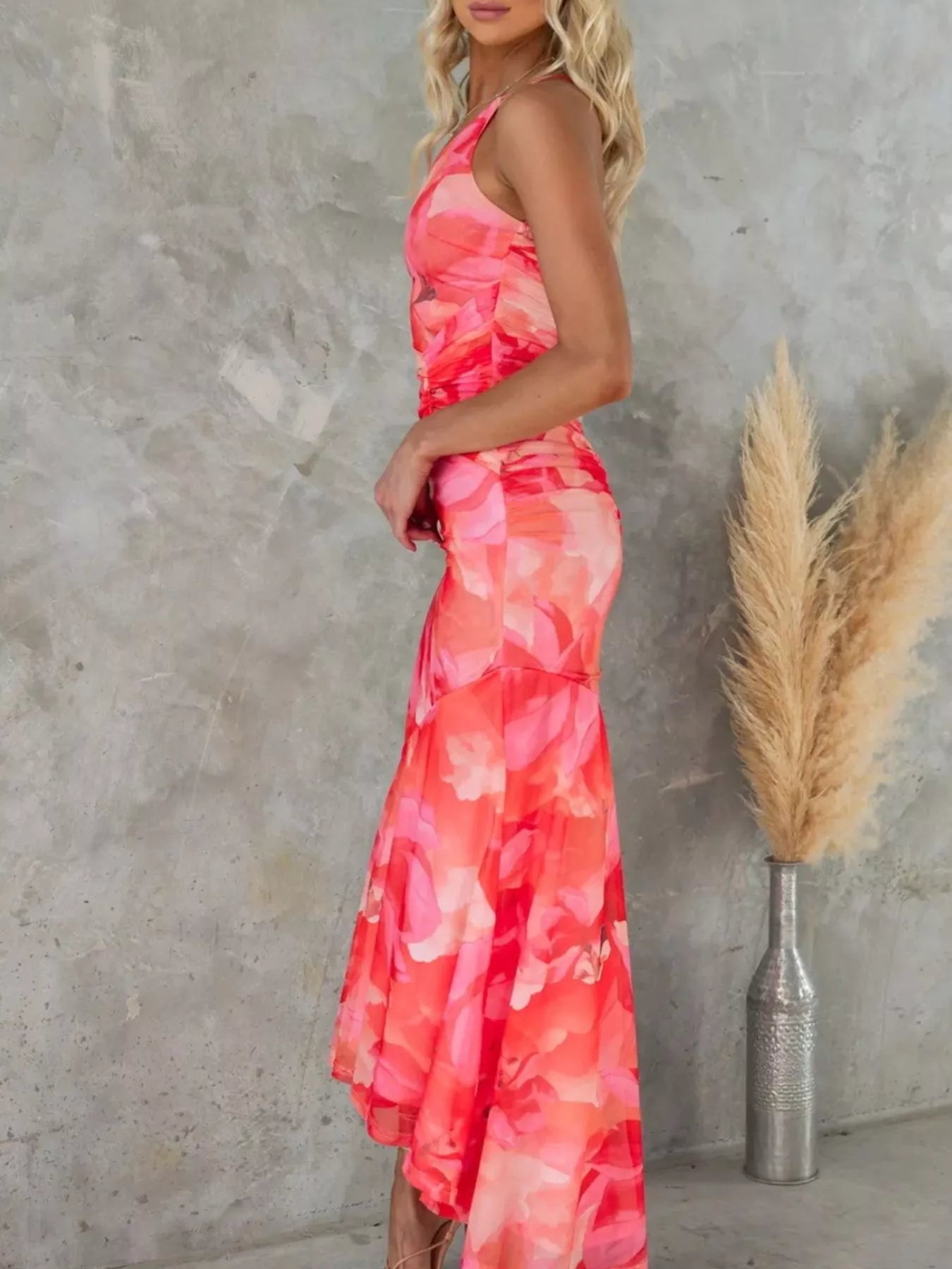 Floral Print One-Shoulder Ruched Maxi Dress