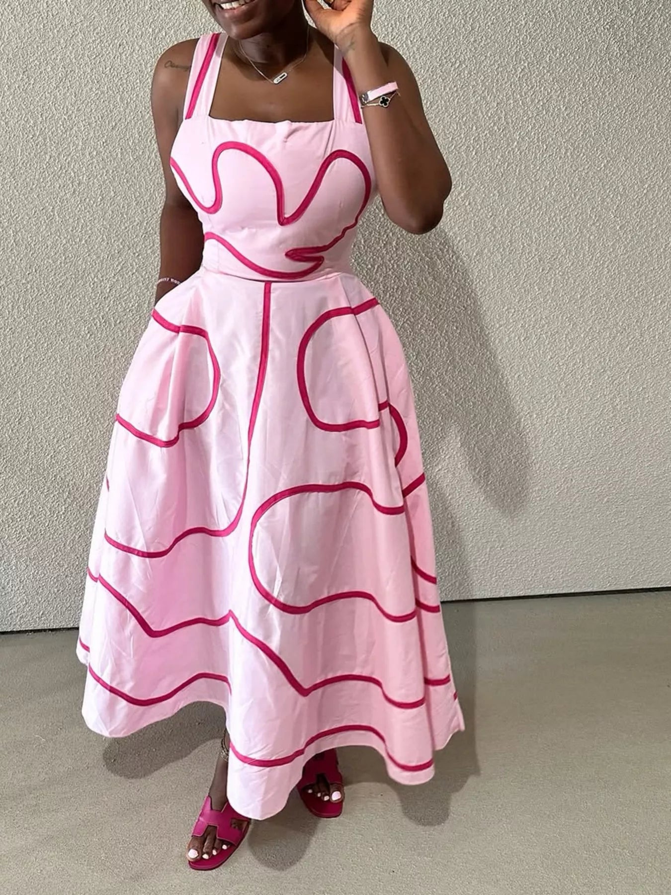 Abstract Print Square Neck Midi Dress