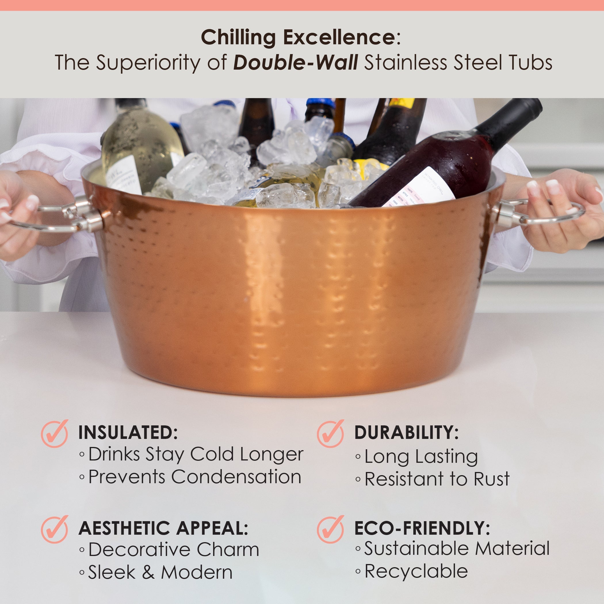Anchored Rose Copper Ice Bucket with Lid – 3 Gallon Insulated Champagne & Wine Chiller | BREKX