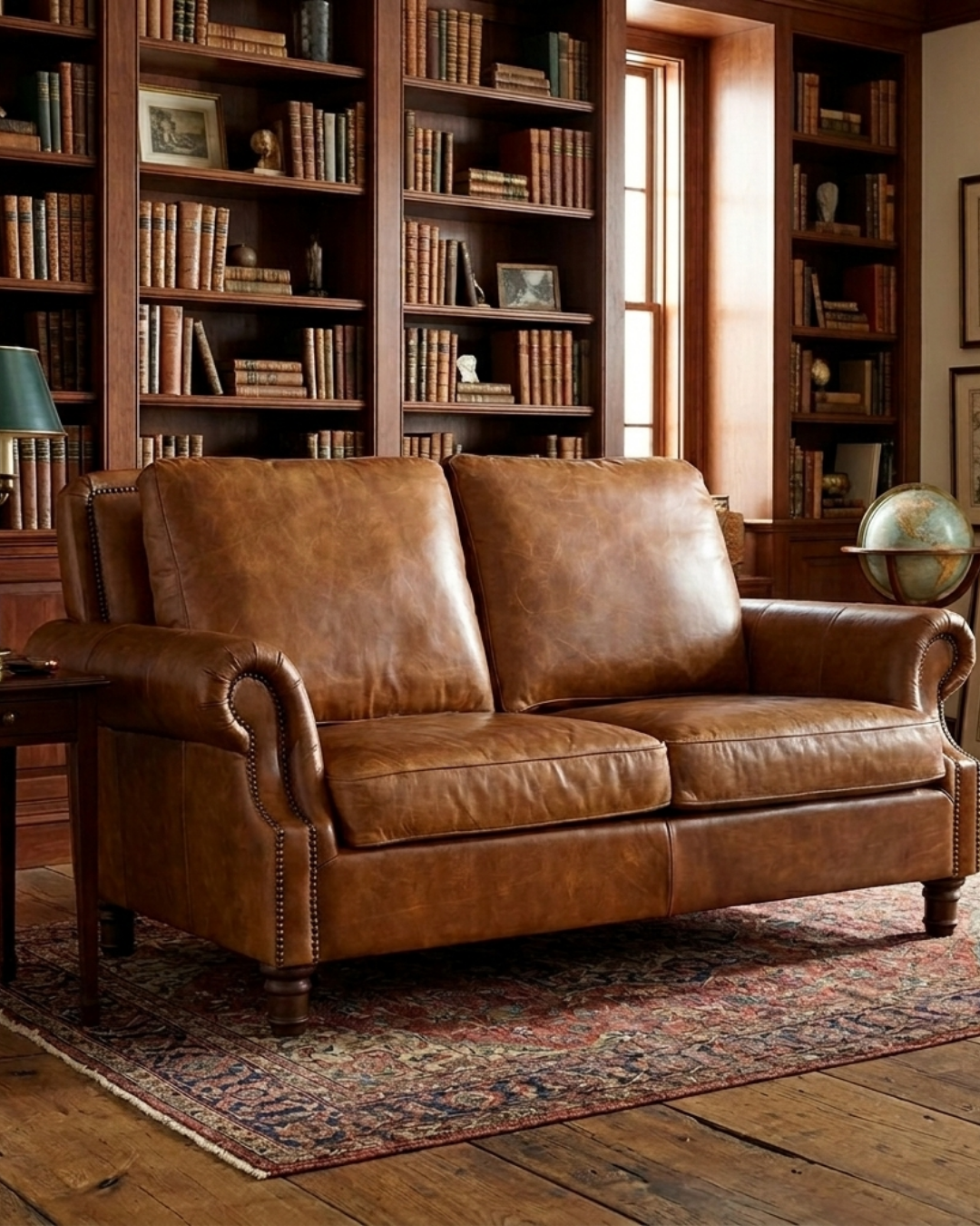 English Rolled Arm Love Seat - Light Brown Leather