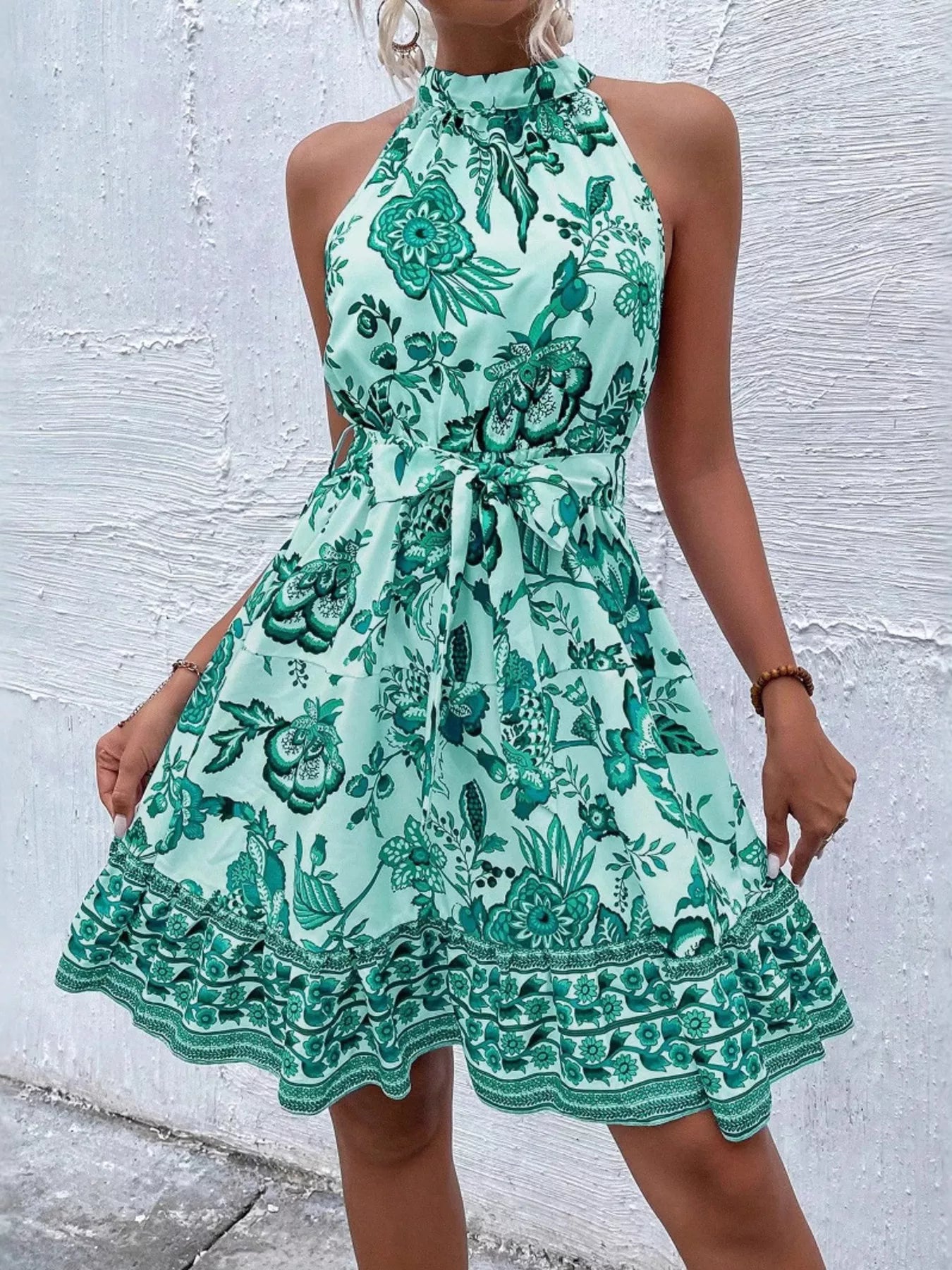 Printed Sleeveless Tie Waist Dress