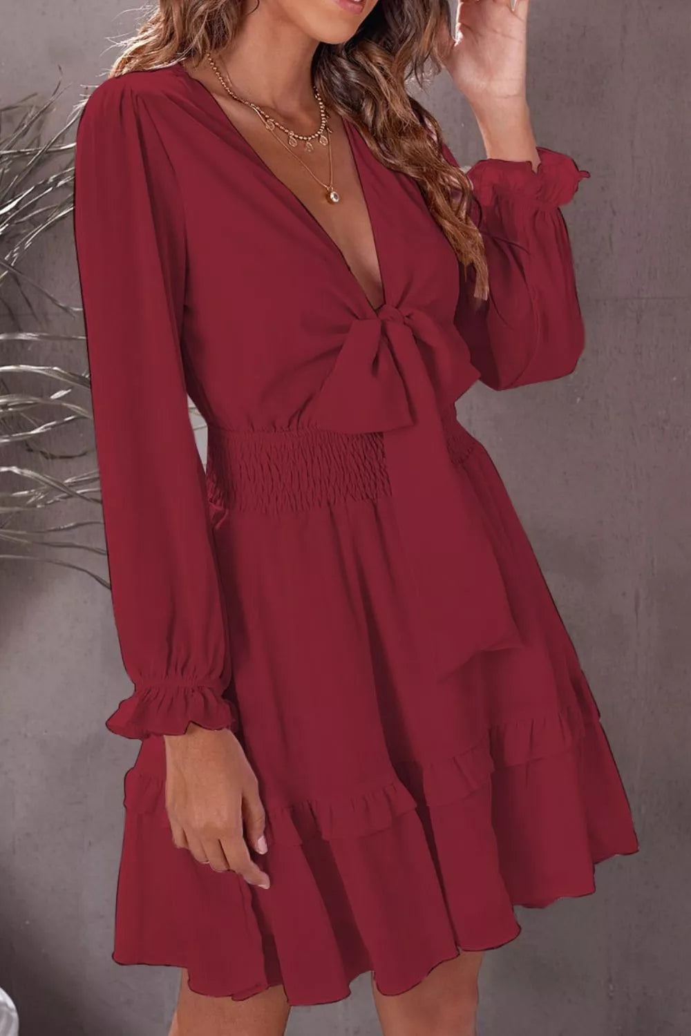 Elegant Tie-Front Ruffle Mini Dress with Smocked Wiast