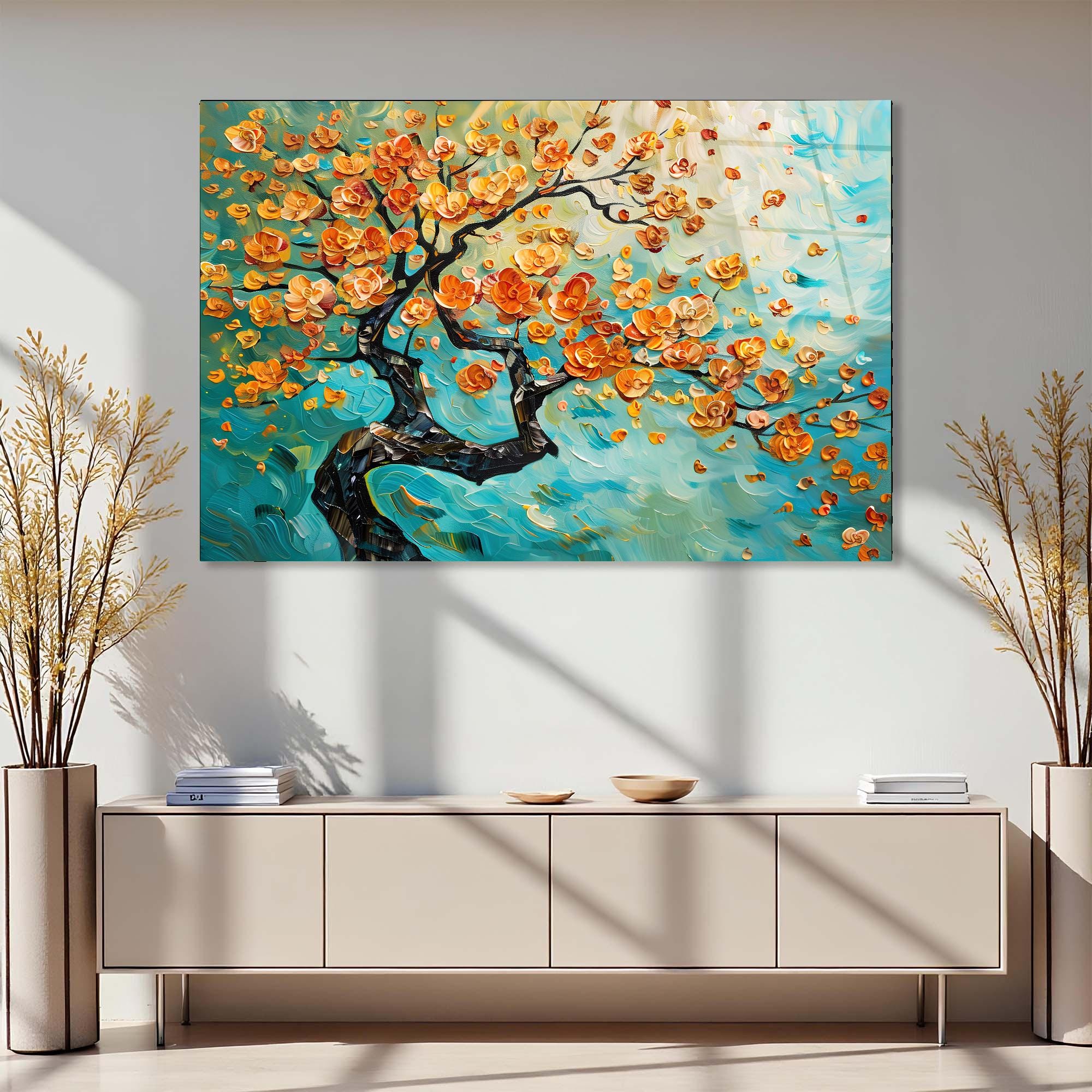 Golden Blossom Tree Glass Wall Art | Modern Nature Decor