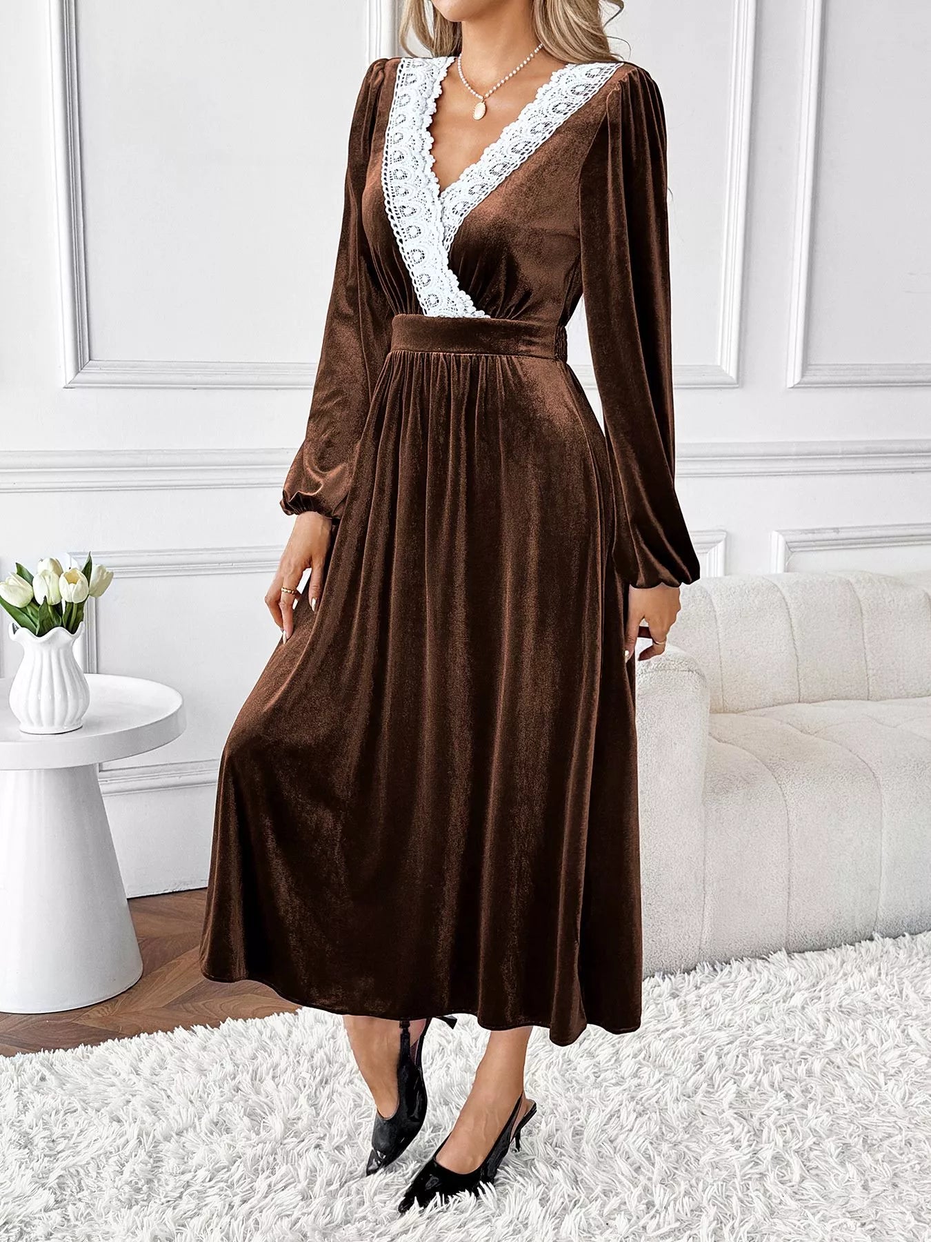 Velvet A-Line Dress with Lace Trim