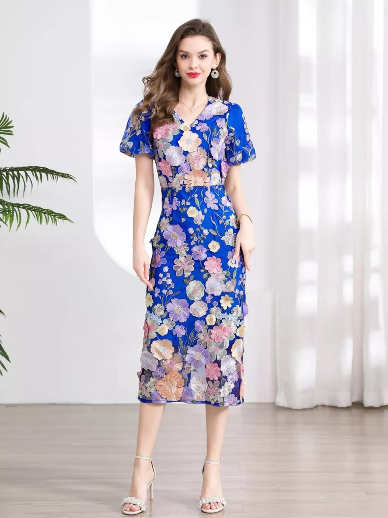 Floral Embroidered Puff Sleeve Midi Dress