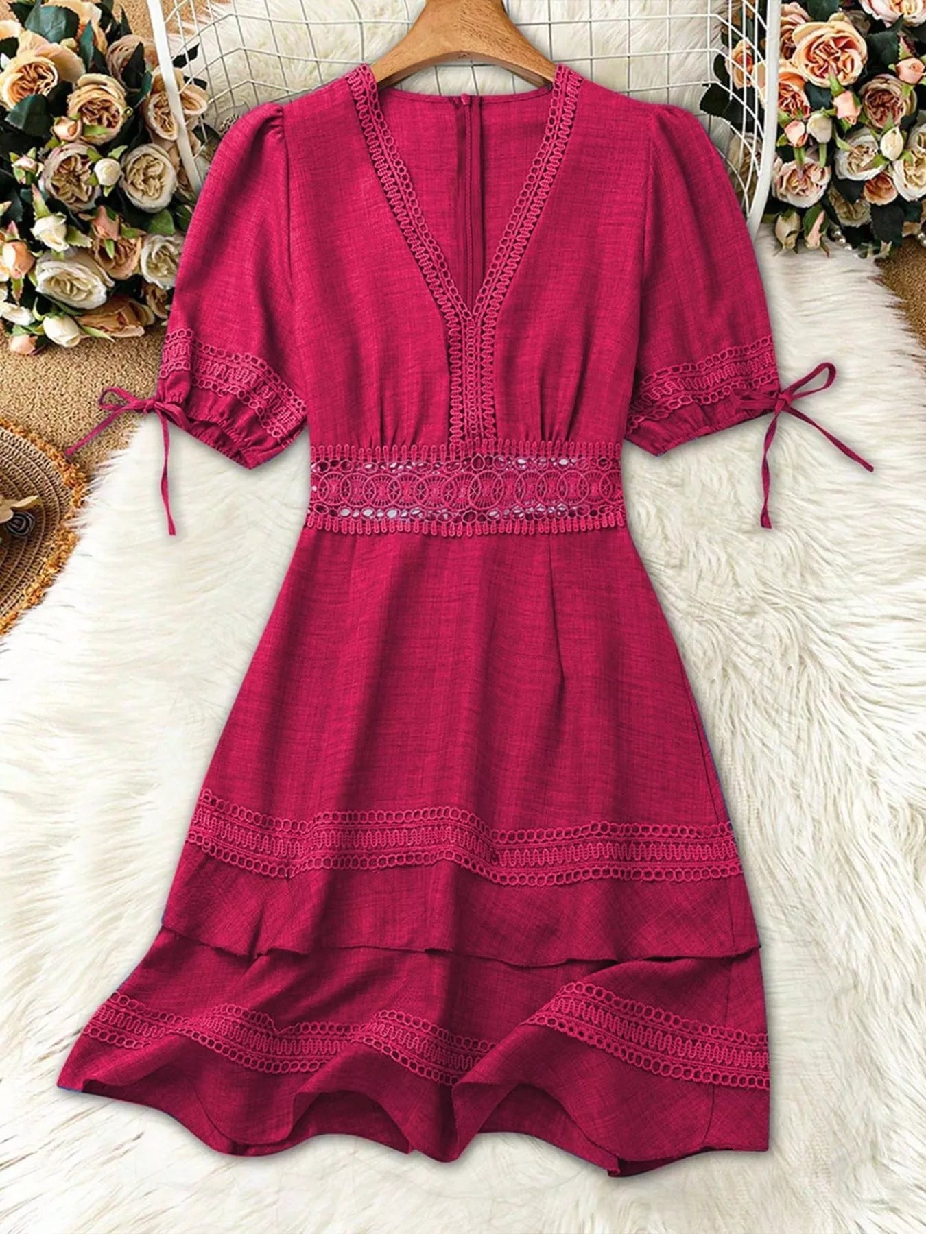 Lace Detail V-Neck Mini Dress