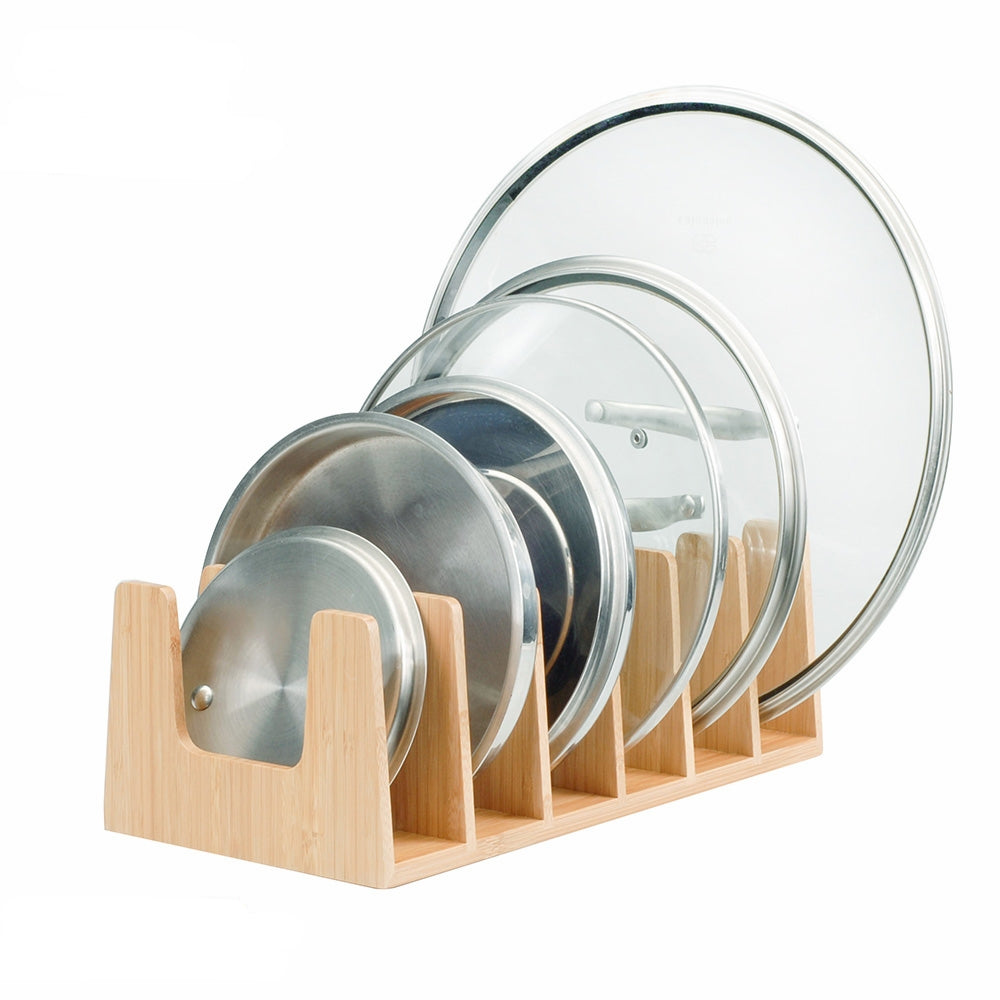 Bamboo Pot Lid Holder & Kitchen Cabinet Organizer – 6 Slot Rack for Pans, Baking Sheets, and Cutting Boards