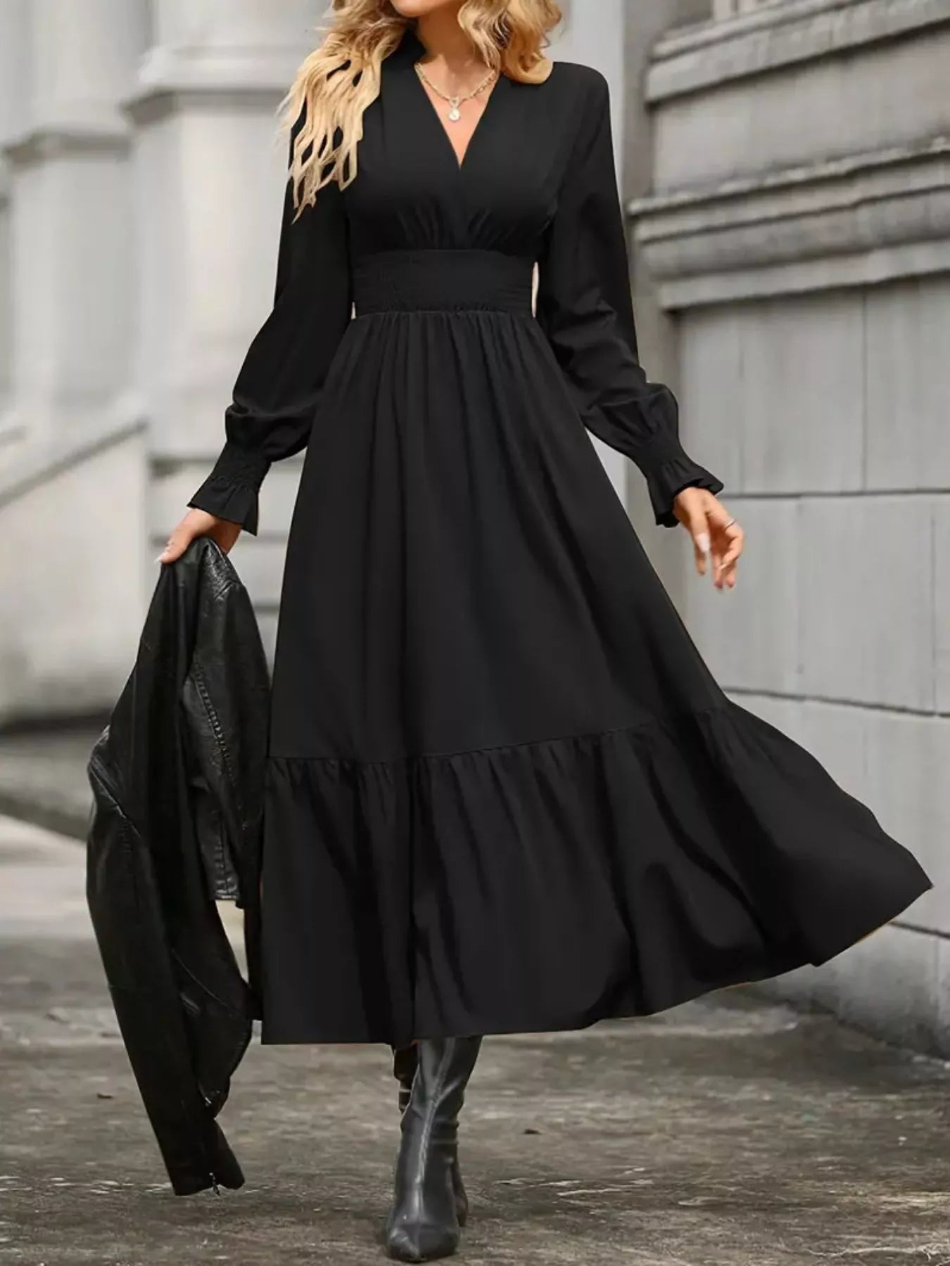 Surplice Long Sleeve Tiered Midi Dress
