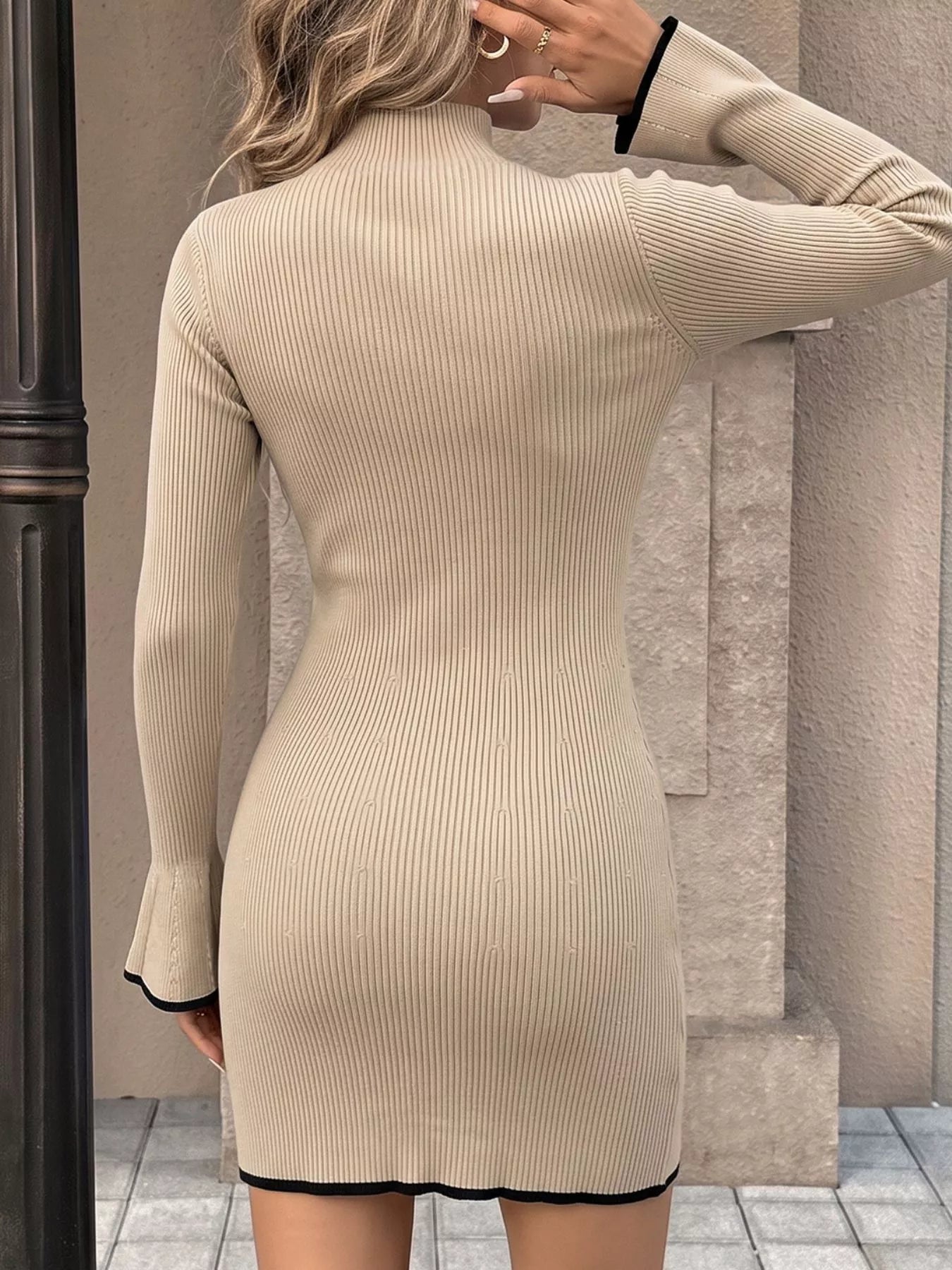 Ribbed Mock Neck Flare Sleeve Sweater Dress
