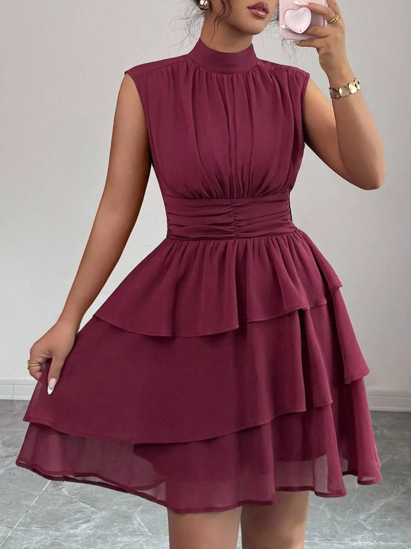 Sleeveless Mock Neck Layered Ruffle Dress