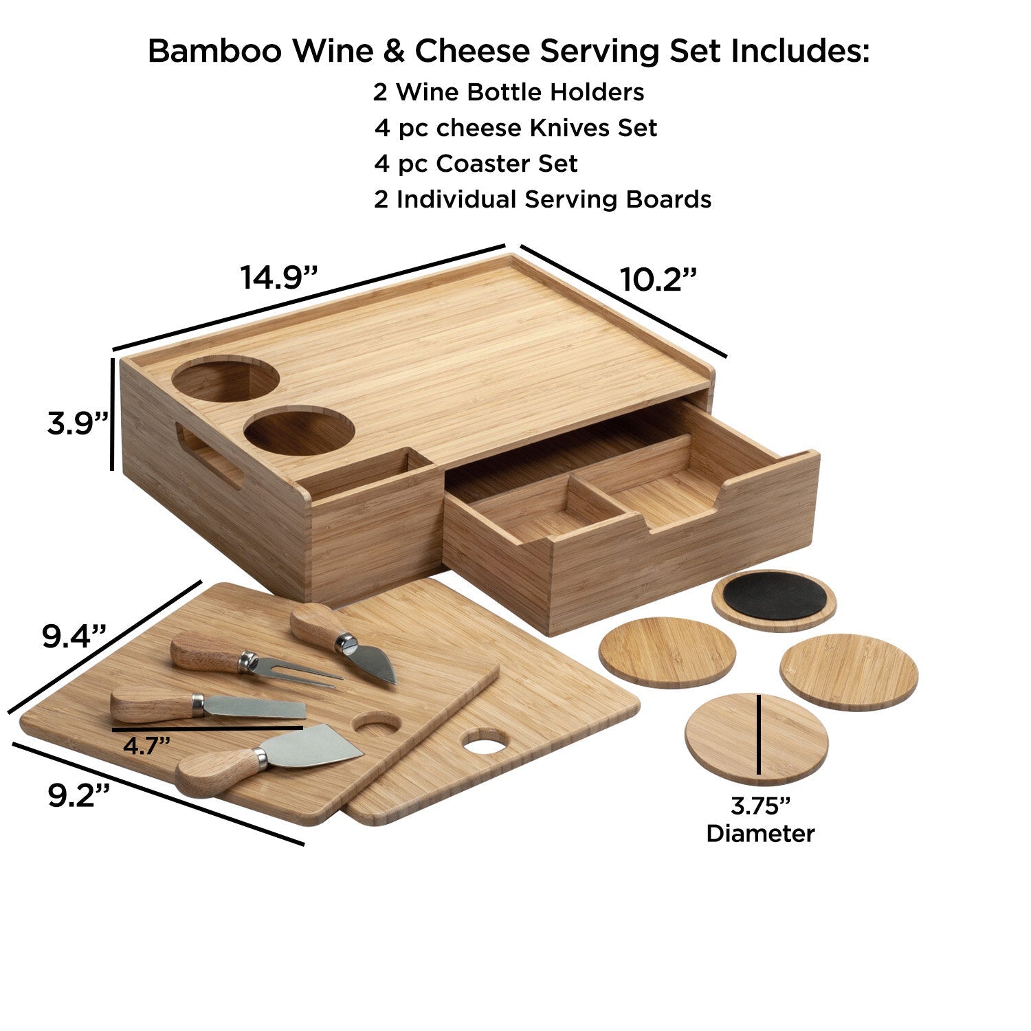 Bamboo Wine & Cheese Serving Station – All-in-One Charcuterie Board with Knife Set, 2 Serving Boards, and Storage Drawer