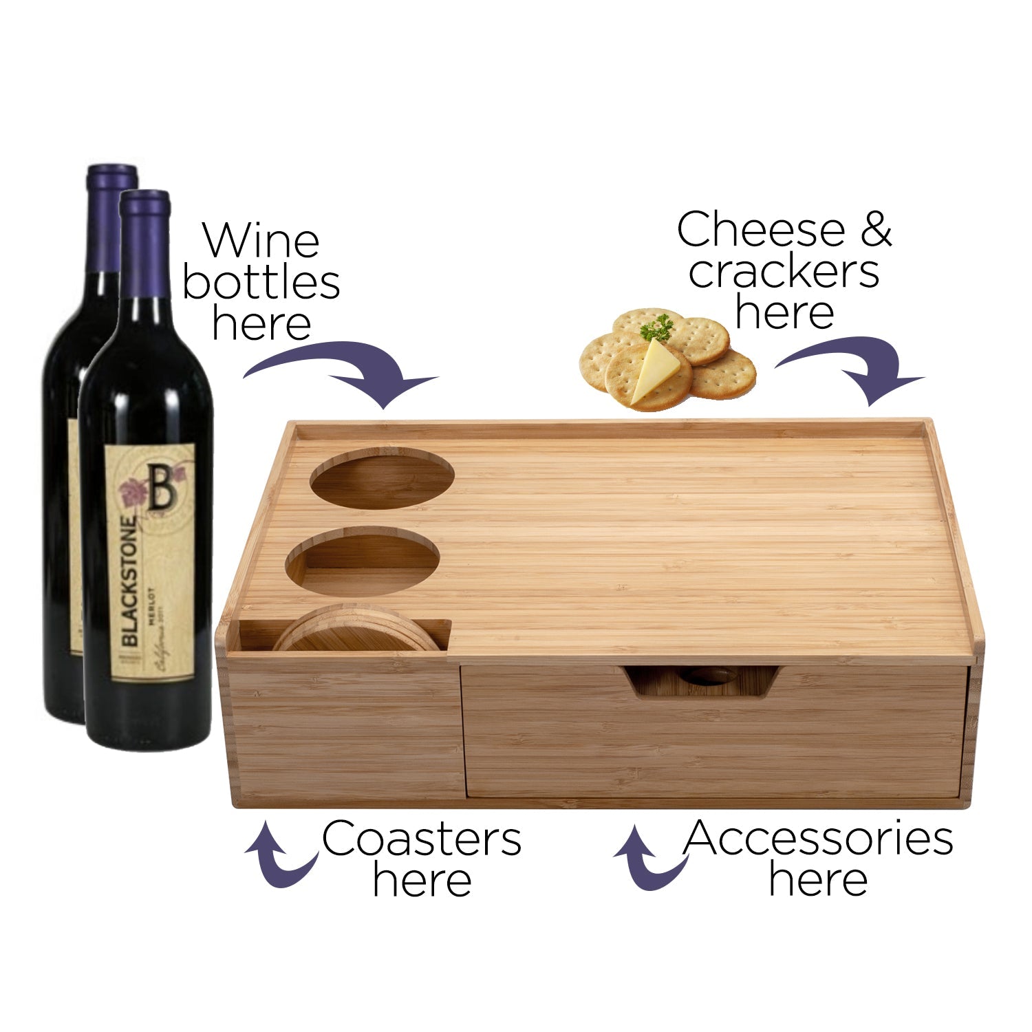 Bamboo Wine & Cheese Serving Station – All-in-One Charcuterie Board with Knife Set, 2 Serving Boards, and Storage Drawer