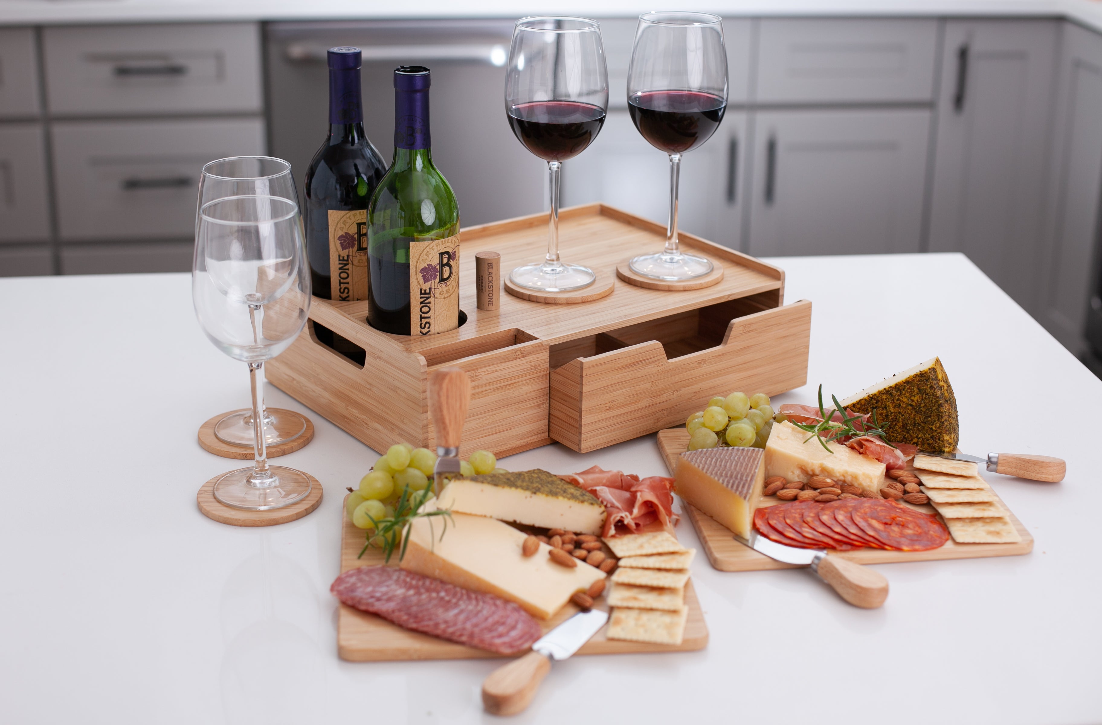Bamboo Wine & Cheese Serving Station – All-in-One Charcuterie Board with Knife Set, 2 Serving Boards, and Storage Drawer