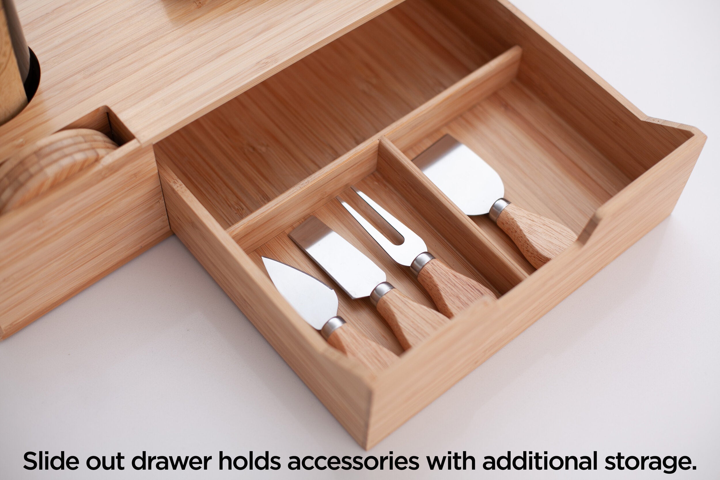 Bamboo Wine & Cheese Serving Station – All-in-One Charcuterie Board with Knife Set, 2 Serving Boards, and Storage Drawer