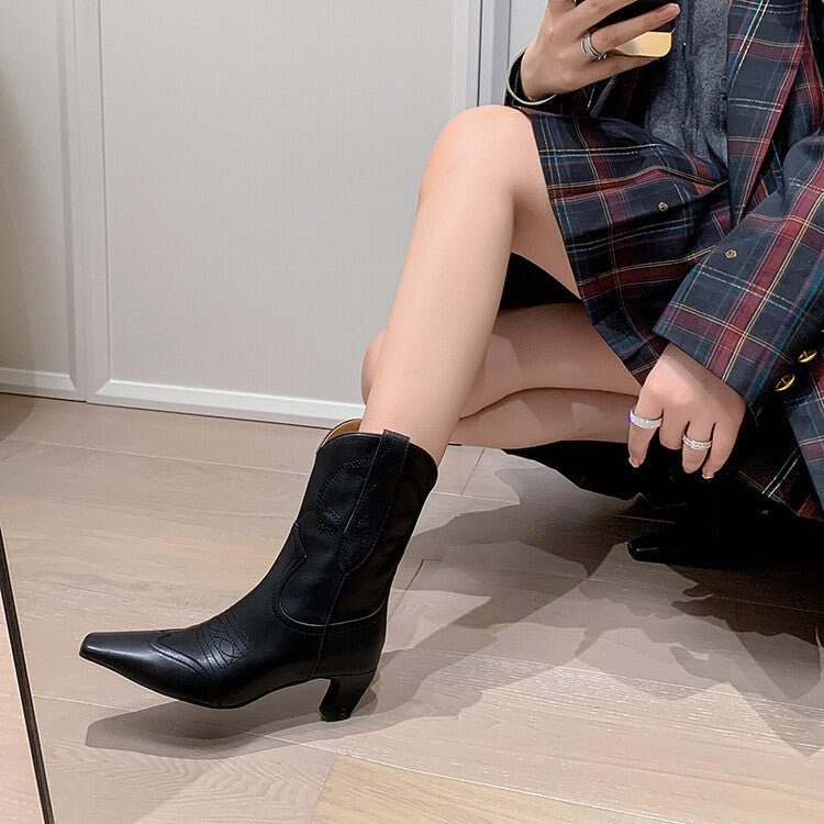 Color Blocking Designer Short Boots Genuine Leather High Heel Shoes Crystal Square Toe Ladies Western Boots