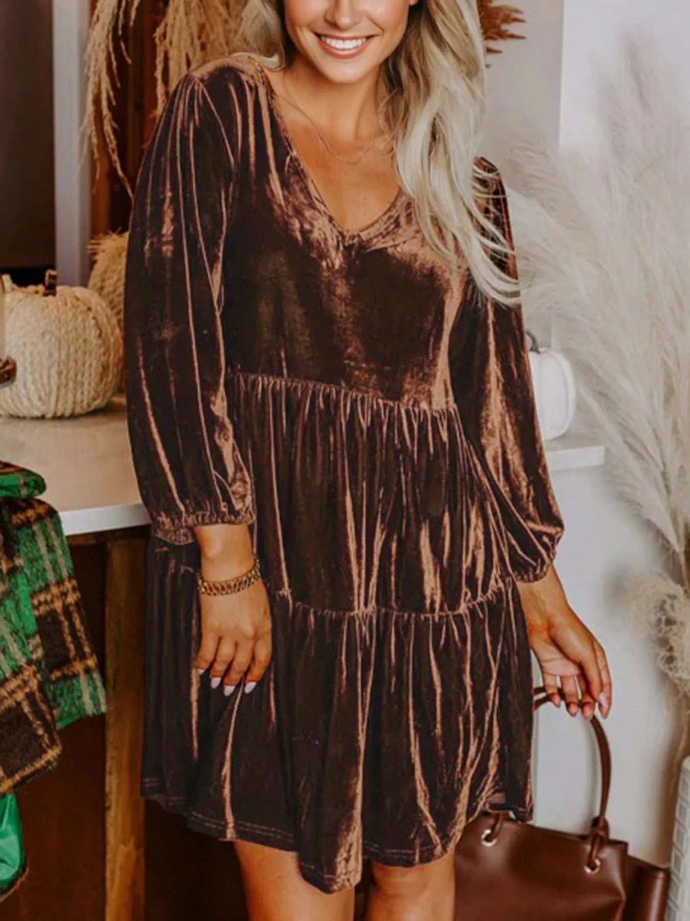Solid Color Velvet V Neck Long Sleeve Tiered Mini Dress