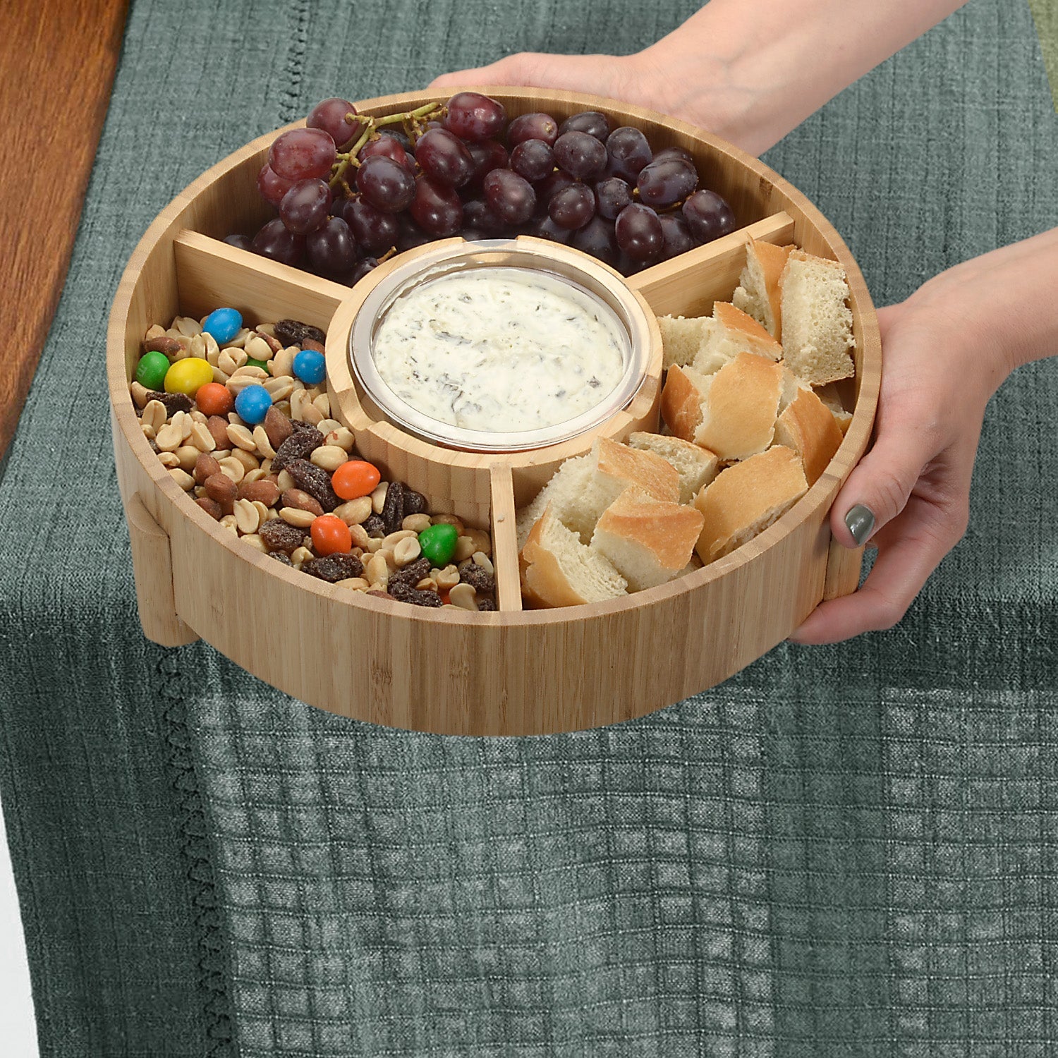 Bamboo Serving Tray & Appetizer Platter - Round Wood Snack Dish for Chips and Dip, Veggies, and Charcuterie