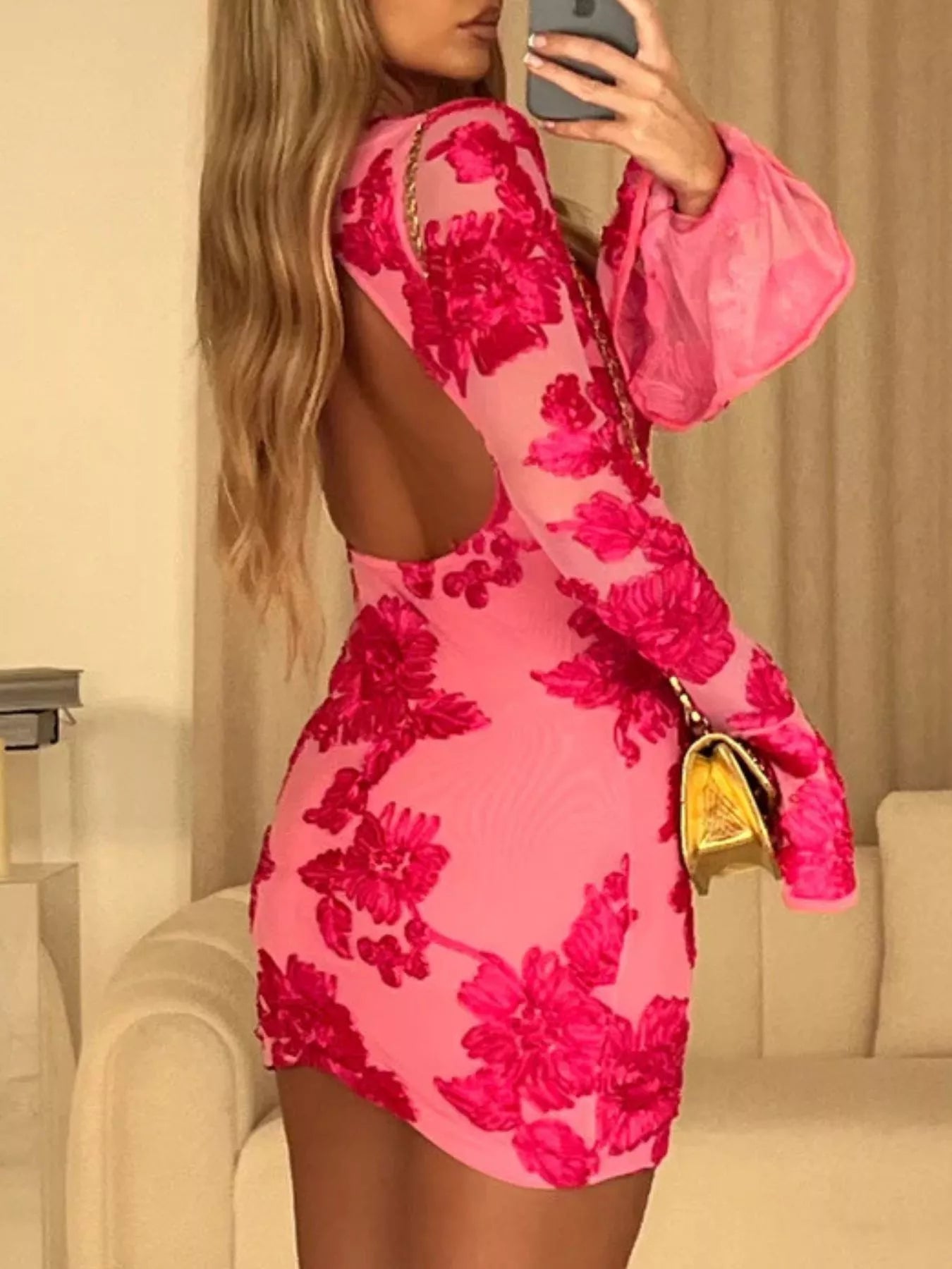 Backless Floral Flounce Sleeve Dress