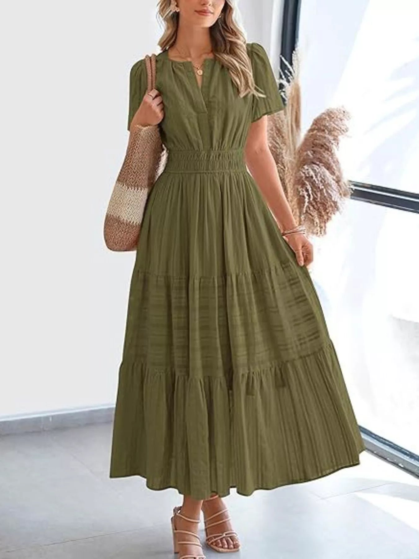 Full Size Short Sleeve Tiered Midi Dress Plus Size
